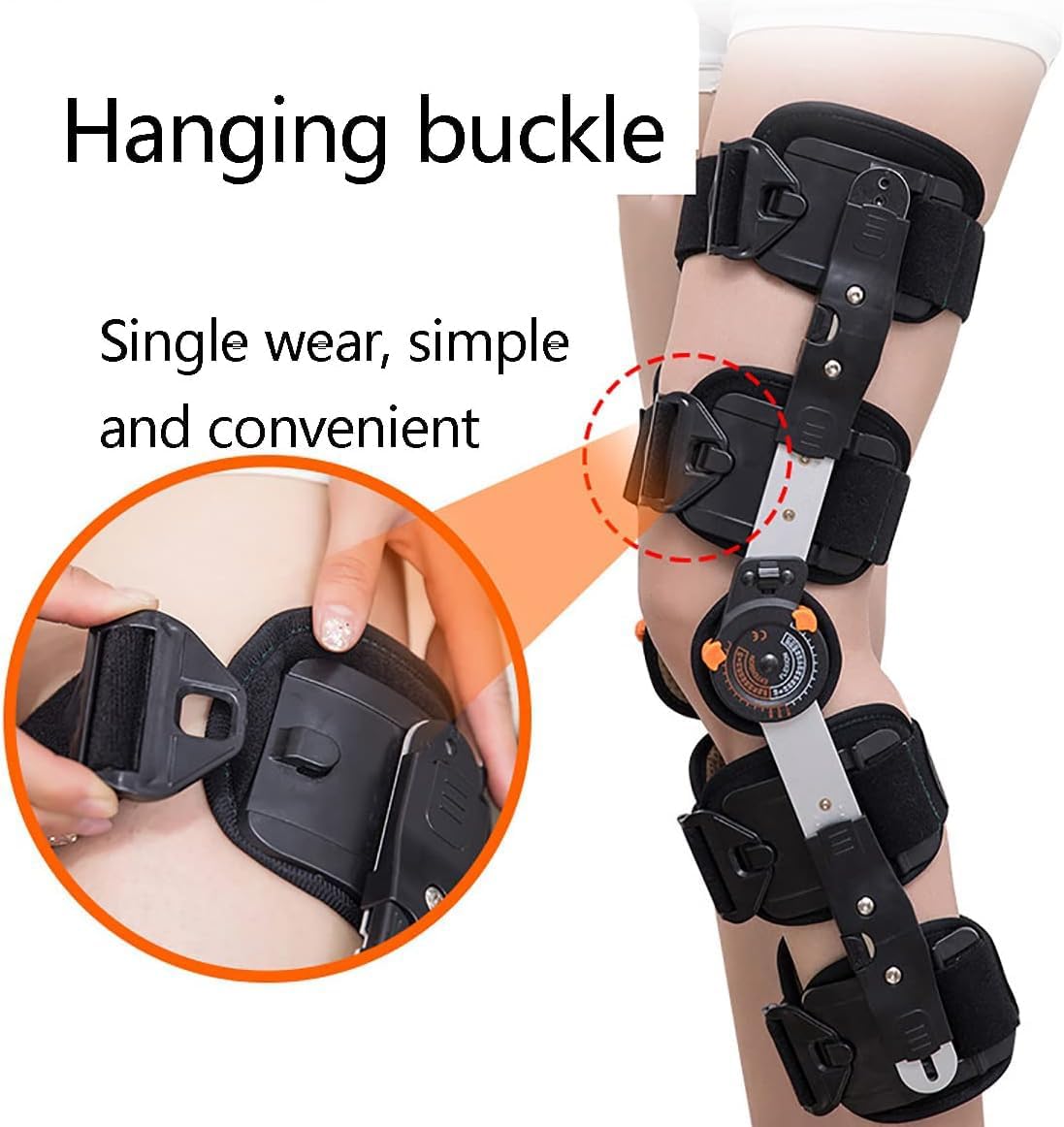 Hinged Knee Brace, Knee Fixation Support Orthosis, Adjustable Length 51-64 Cm, -10~120° Angle Adjustment, Comfortable Breathable Fabric, for Meniscus Damage Ligament Postoperative(Hanging buckle