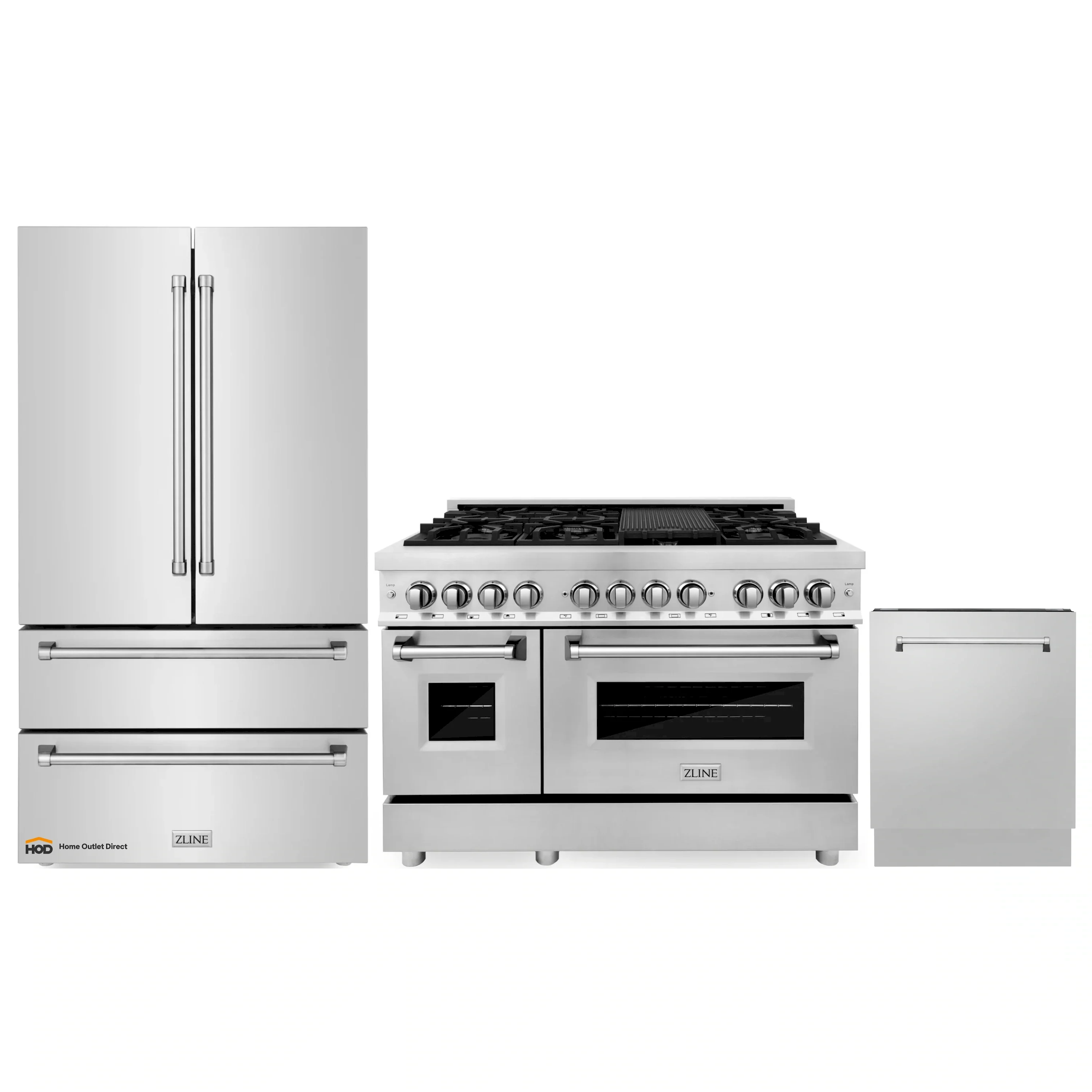 ZLINE 3-Piece Appliance Package - 48-Inch Dual Fuel Range, Refrigerator, and 3-Rack Dishwasher in Stainless Steel