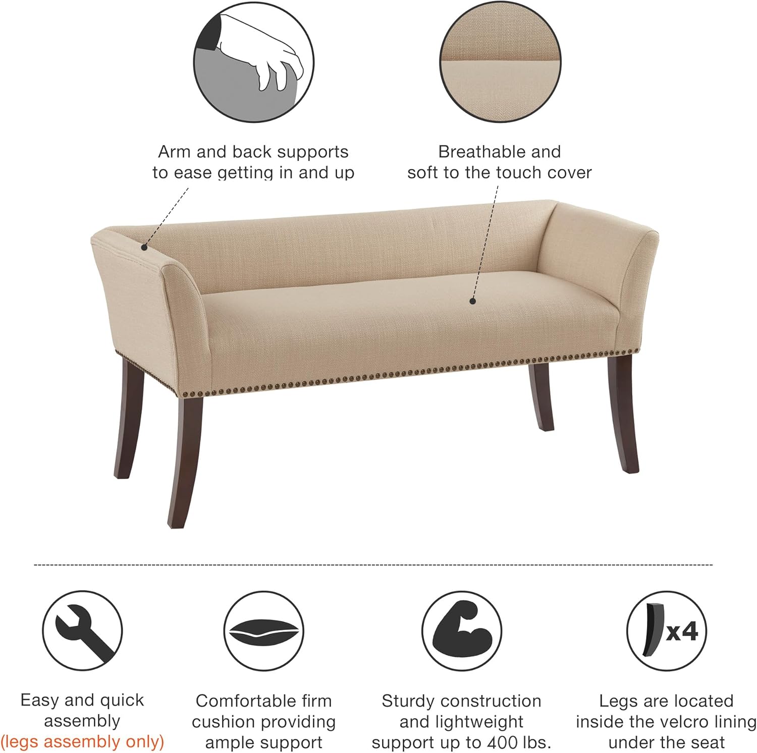 Madison Park Accent Bench, Upholstered with Nailhead Trim, & Padded Seat Entryway Bench Small, End of Bed Bench with Back, 49.5