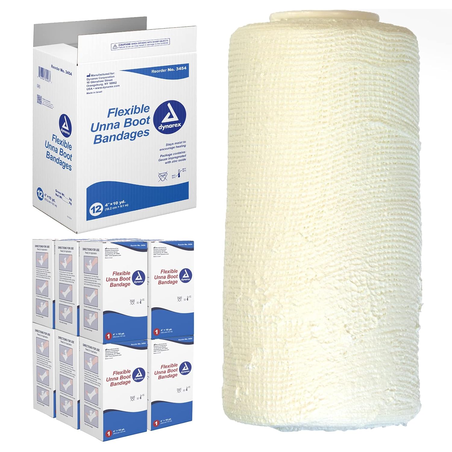 Dynarex Unna Boot Bandage, Individually Packaged, Provides Customized Compression, with Zinc Oxide, Soft Cast, 4” x 10 Yards, 1 Case of 12 Bandages (Packaging May Vary)