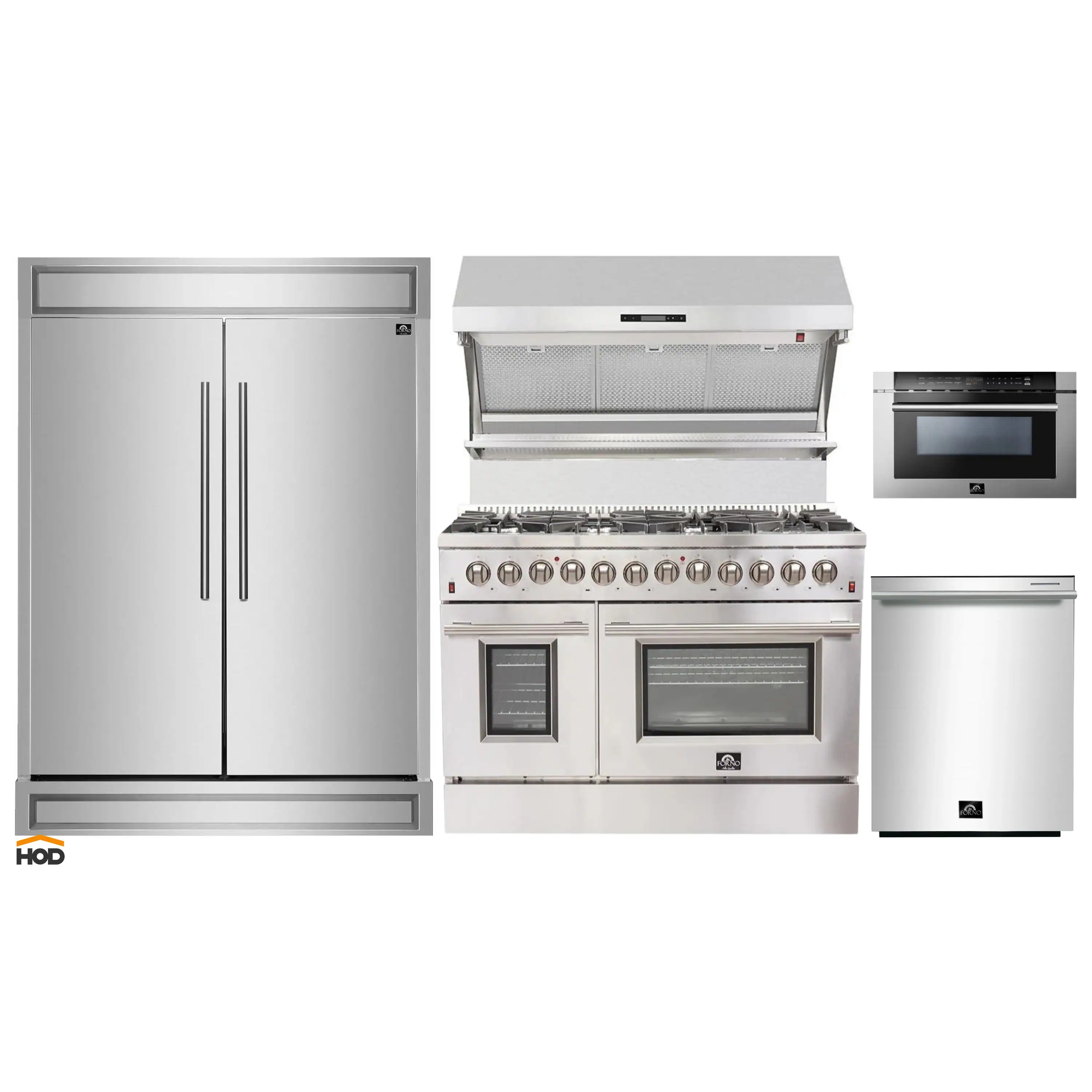 Forno 5-Piece Appliance Package - 48-Inch Dual Fuel Range, 60-Inch Refrigerator, Wall Mount Hood with Backsplash, 24-Inch Microwave Drawer, & 3-Rack Dishwasher in Stainless Steel