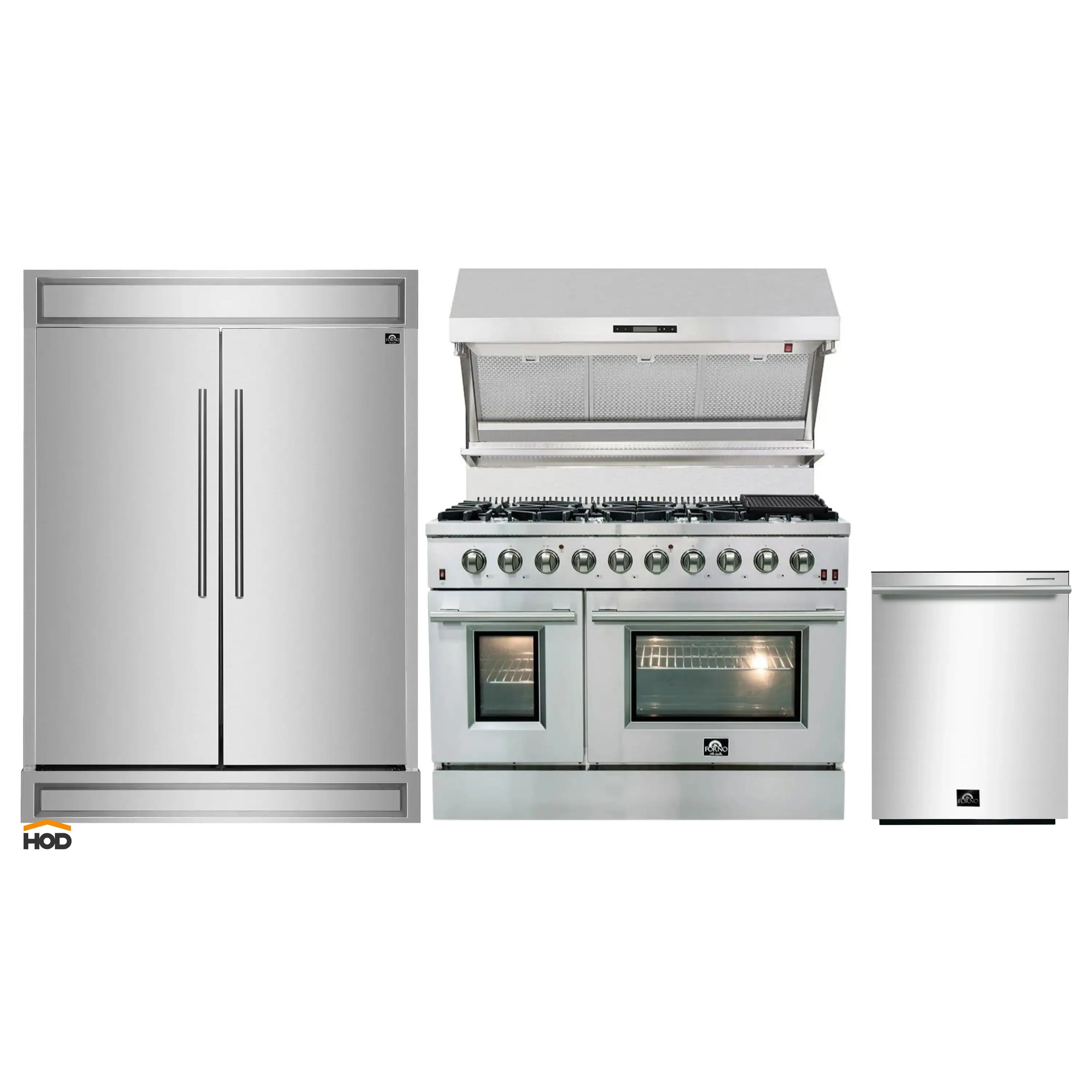 Forno 4-Piece Appliance Package - 48-Inch Gas Range, 60-Inch Refrigerator, Wall Mount Hood with Backsplash, & 3-Rack Dishwasher in Stainless Steel