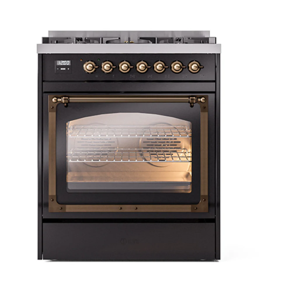 ILVE Nostalgie II Noblesse 30-Inch Dual Fuel Range with Triple Glass Door in Glossy Black with Bronze Trim (UN30NMPBKB)