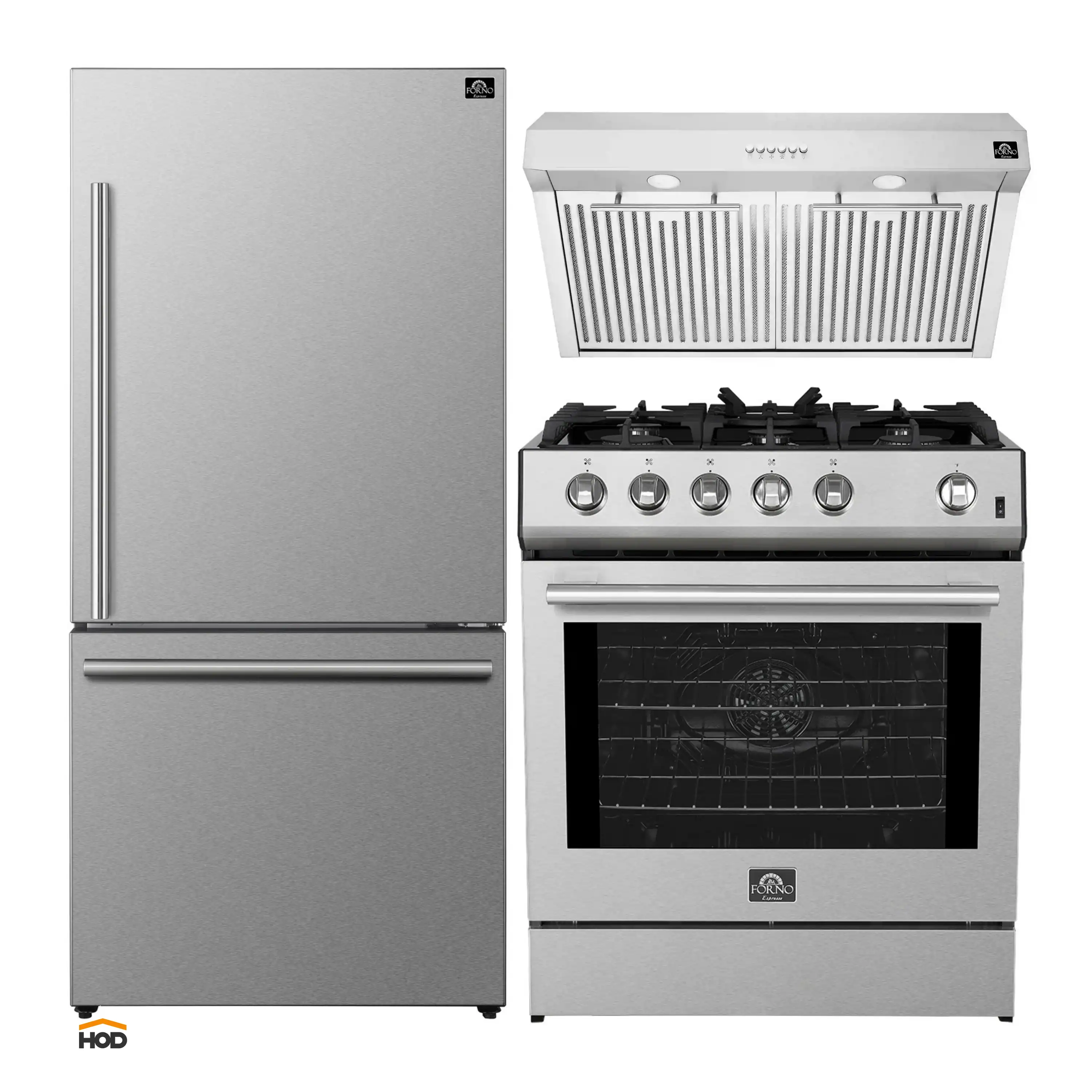 Forno 3-Piece Appliance Package - 30-Inch Gas Range, Under Cabinet Range Hood, & Refrigerator in Stainless Steel