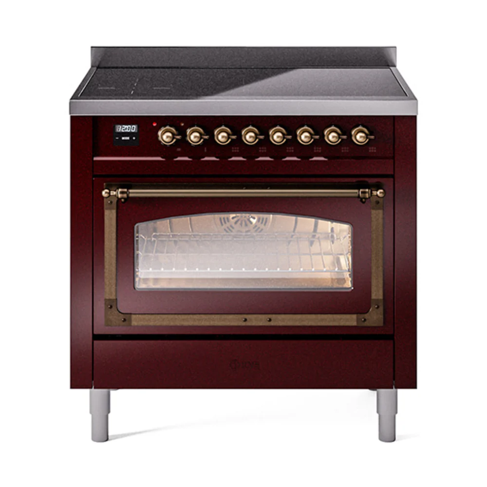 ILVE Nostalgie II Noblesse 36-Inch Induction Range with Triple Glass Door in Burgundy with Bronze Trim (UNI366NMPBUB)