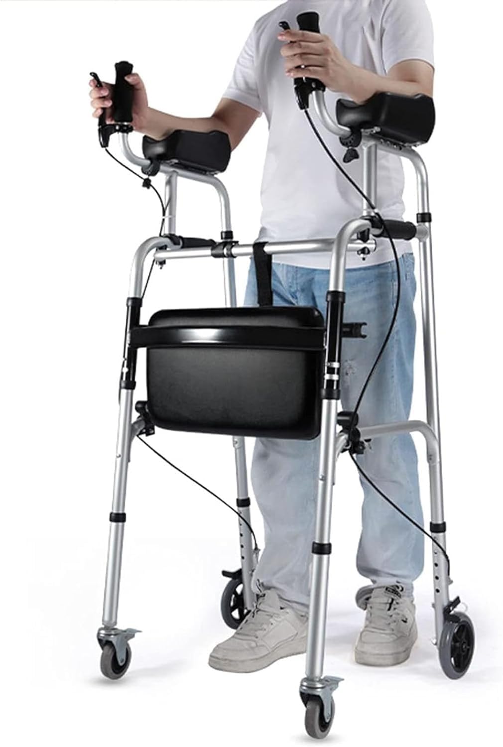 Wheel Walking Frame 2 in 1 Walker for Seniors with Armrest with Armrest Support Pad and Handbrake Foldable Standard Walker Thick Aluminum Alloy Rehabilitation Auxiliary Walking Frame