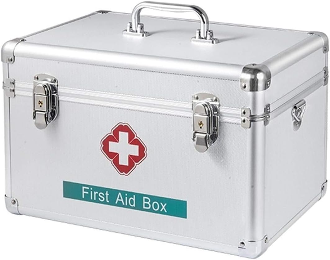 Lockable Portable First Aid Medicine Storage Box with Handle, Aluminum Alloy Medical Organizer for Home & Travel Use(40.5X22X23CM)