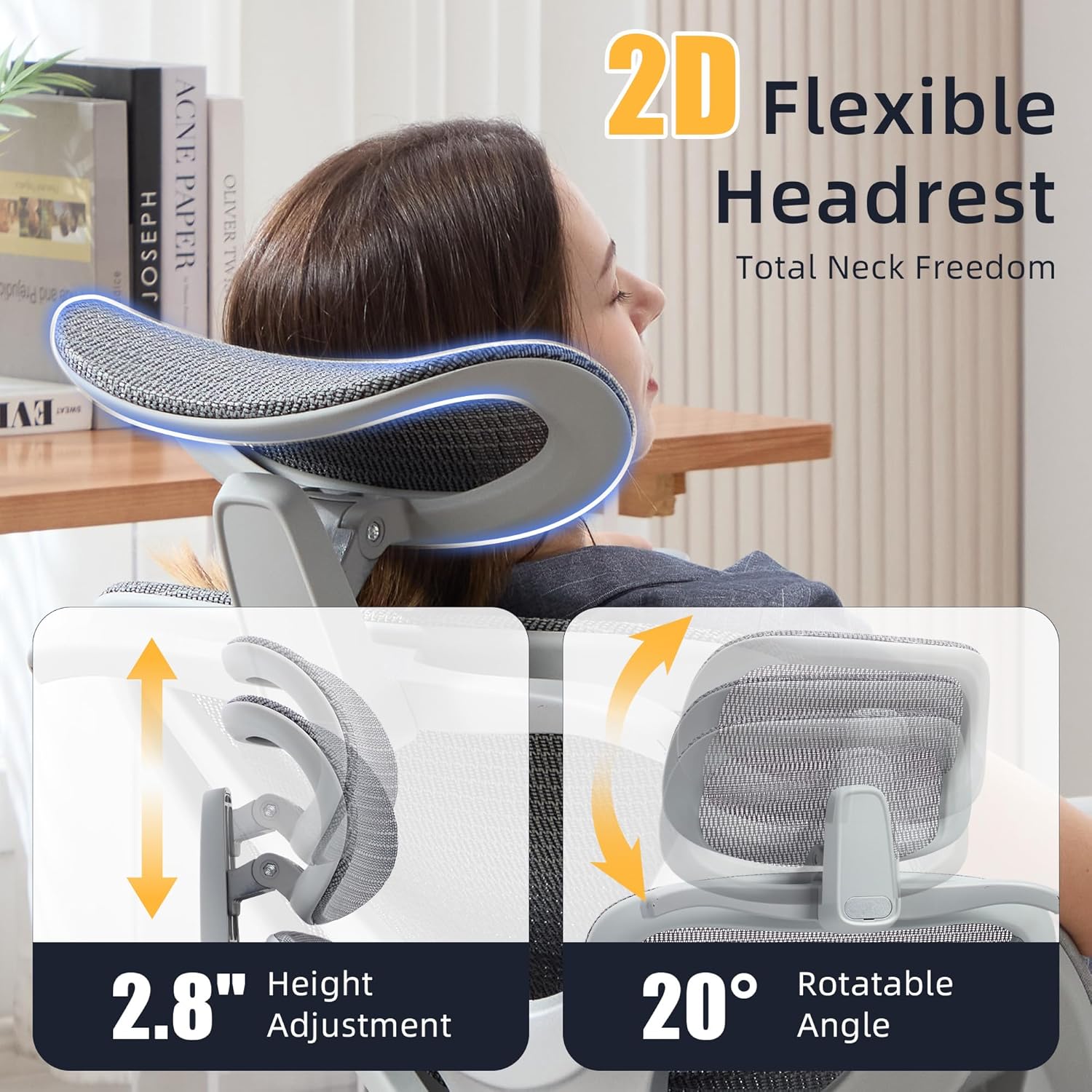 Ergonomic Office Chair - Mesh Executive Desk Chair with 3-Zone Dynamic Lumbar Support & 2D Adjustable Headrest - High Back Reclining Swivel Computer Gaming Chair with 4D Adjustable Armrests & Footrest