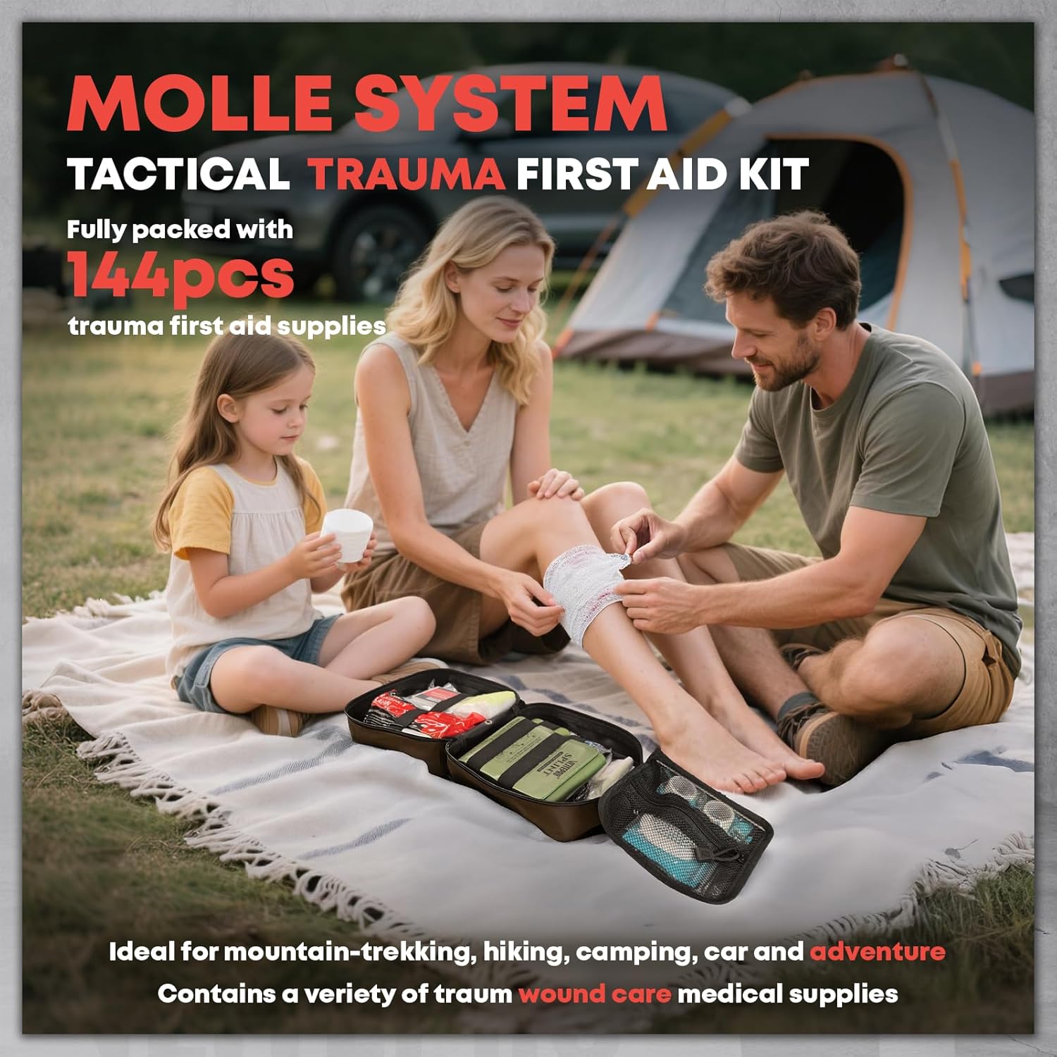 144 Pcs Advanced Trauma First Aid Kit - Emergency Camping Gear with Tourniquet, Compression Bandage, 36