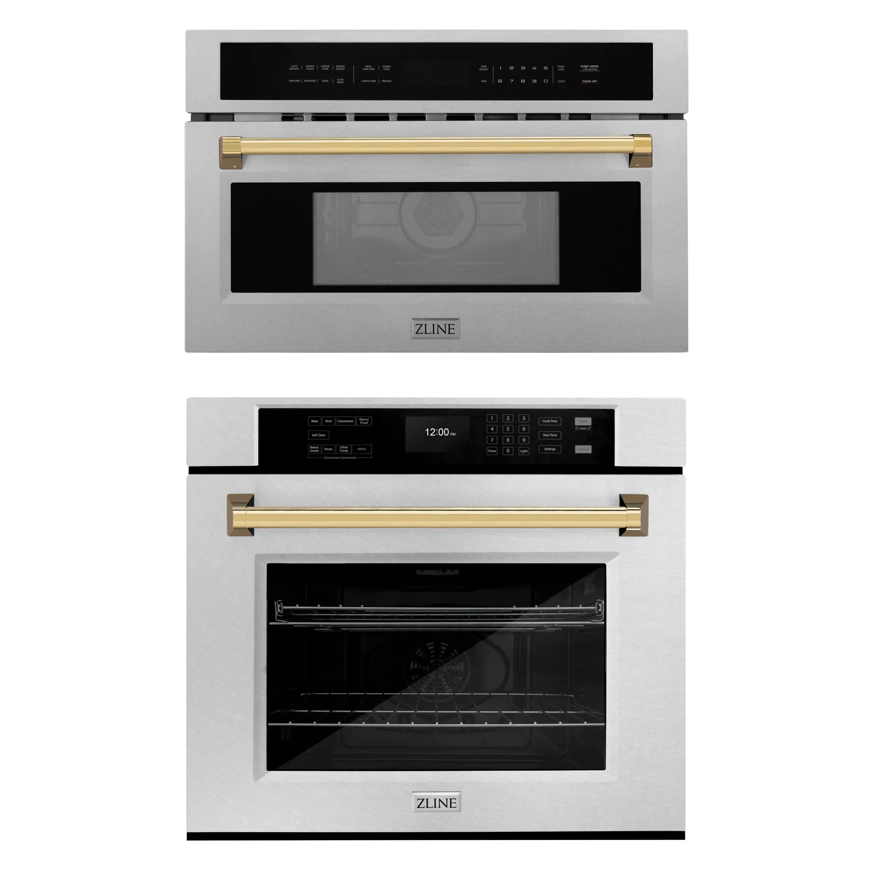 ZLINE Autograph Edition 2-Piece Appliance Package - 30-Inch Single Wall Oven with Self-Clean and 30-inch Built-In Microwave Oven in Satin Stainless Steel with Gold Trim