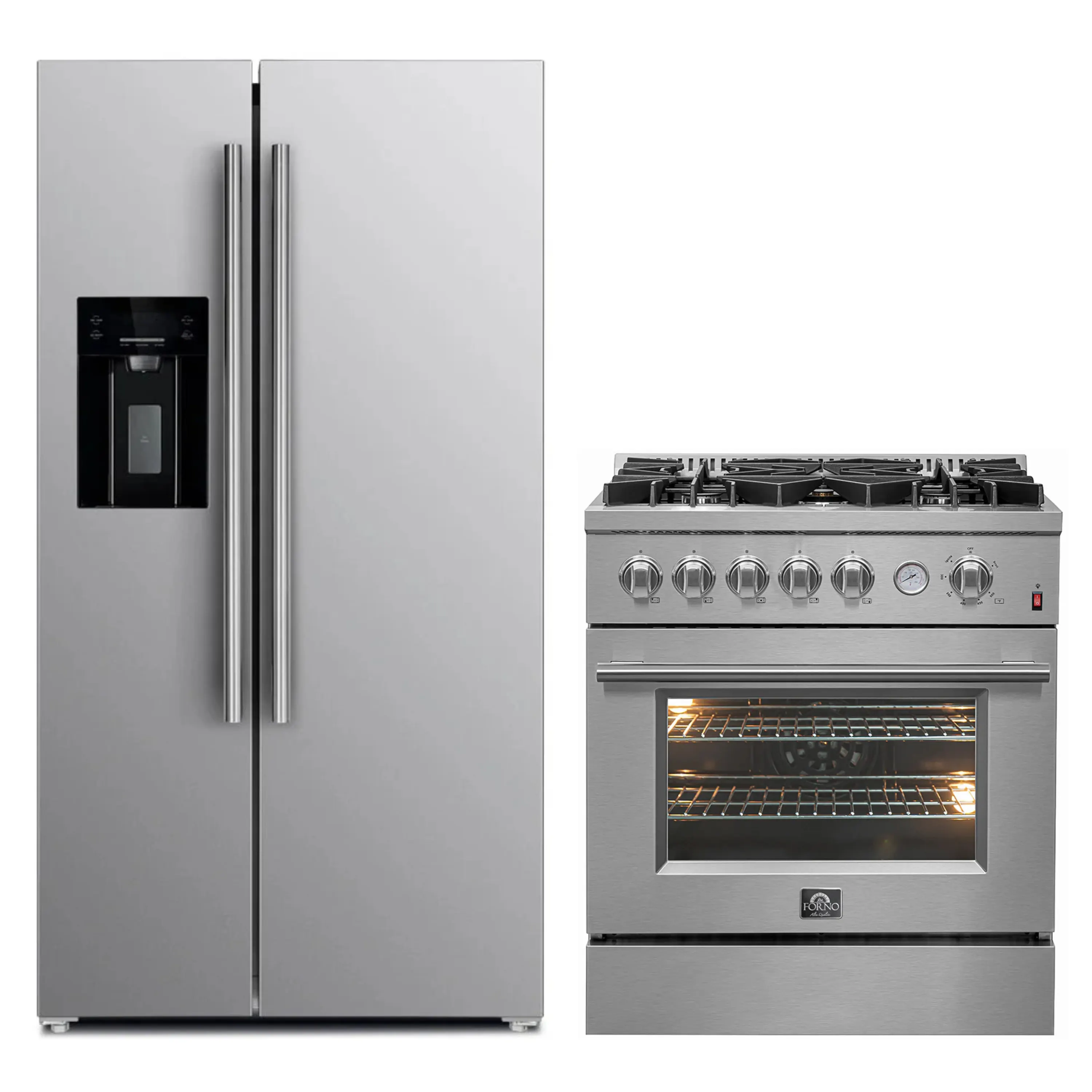 FORNO 2-Piece Appliance Package- 30-Inch Gas Range and 36-Inch Refrigerator with Water Dispenser in Stainless Steel (FBDL-020-03-CAUS)