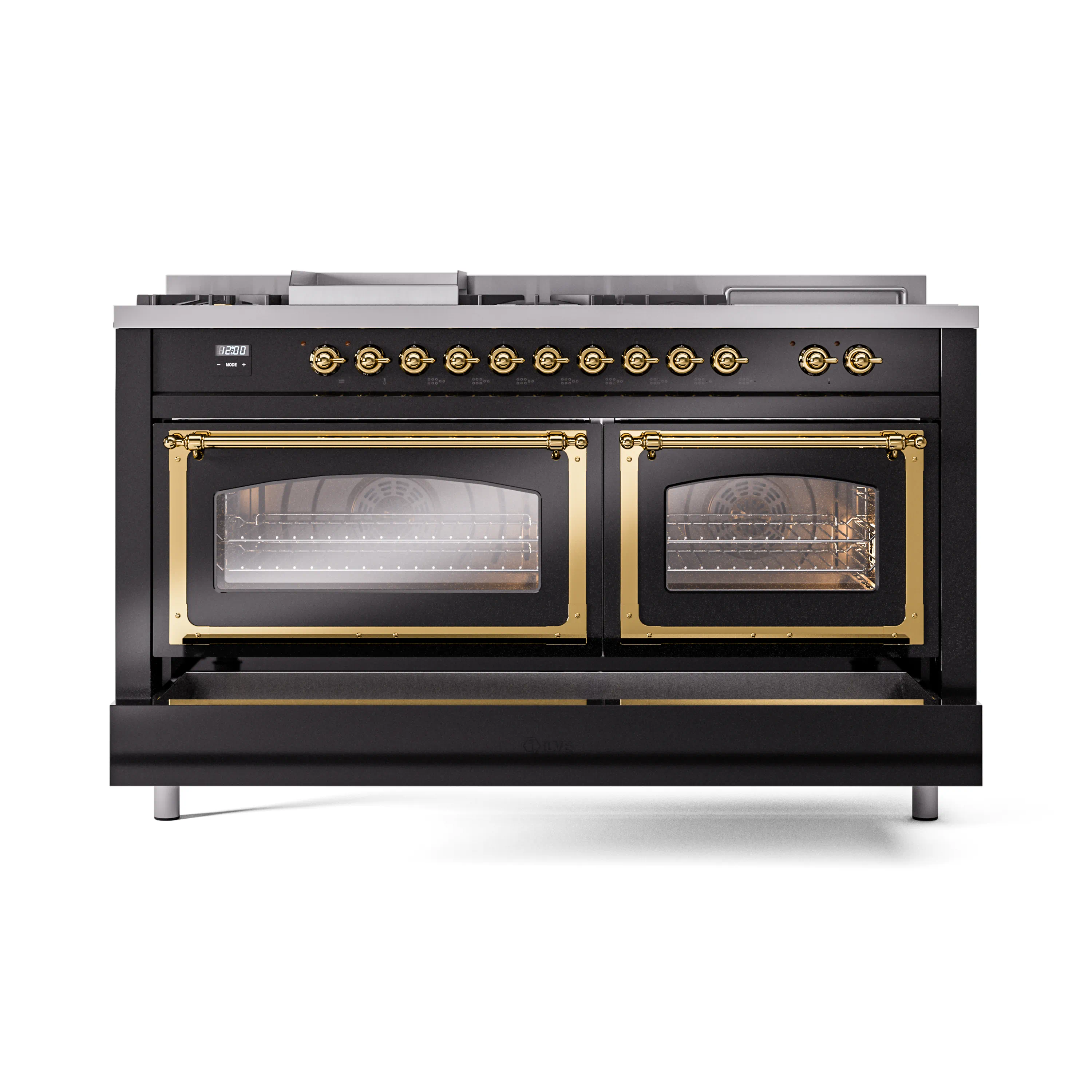 ILVE 60-Inch Nostalgie II Noblesse Dual Fuel Range with 7 Sealed Burners, Griddle, French Top and Triple Glass Door Oven in Glossy Black with Brass Trim (UN60FSNMPBKG)