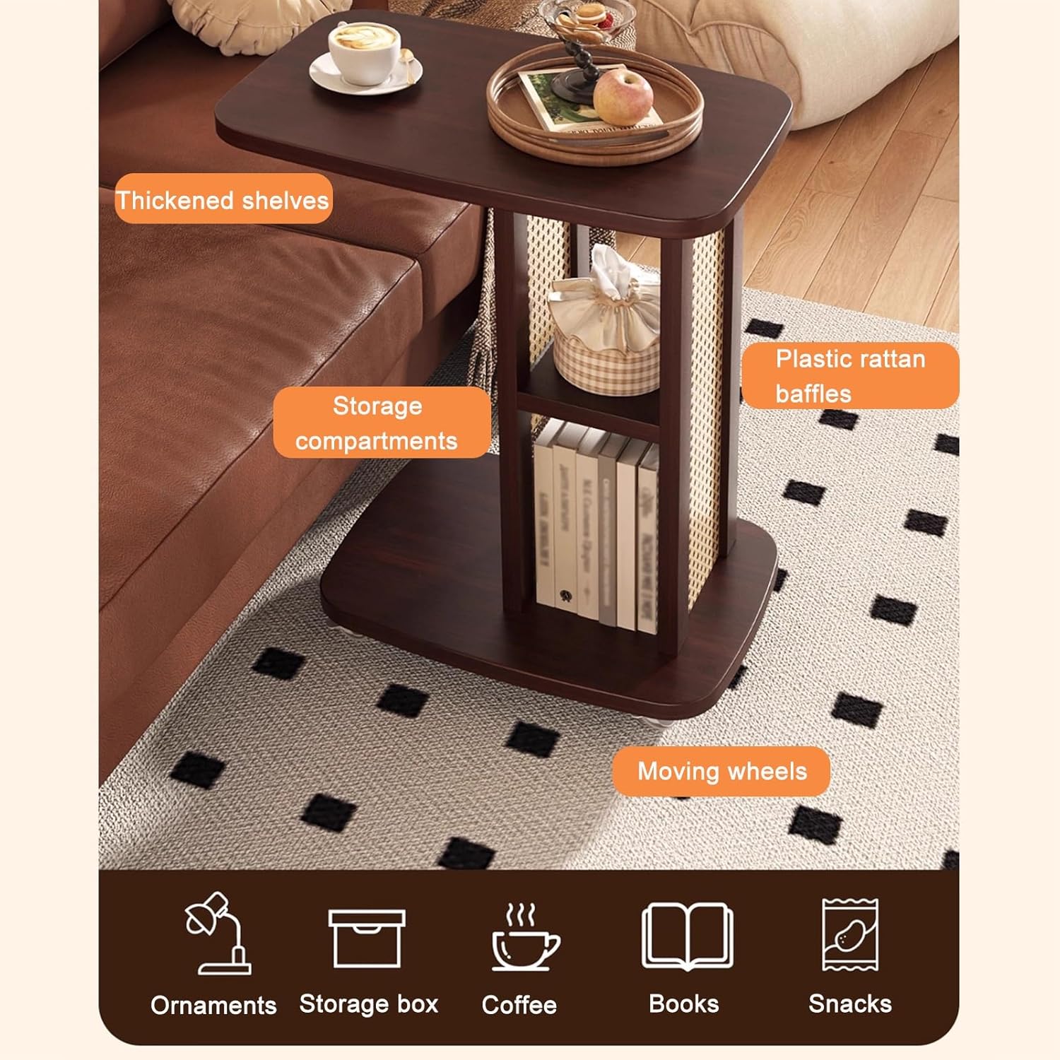 PAKMEZ Overbed Bedside Table with Hidden Casters, Computer Cart, Side Workstation, 3 Layers Standing Desk, Ergonomic Overbed, for Bedroom on Hospital Home Use