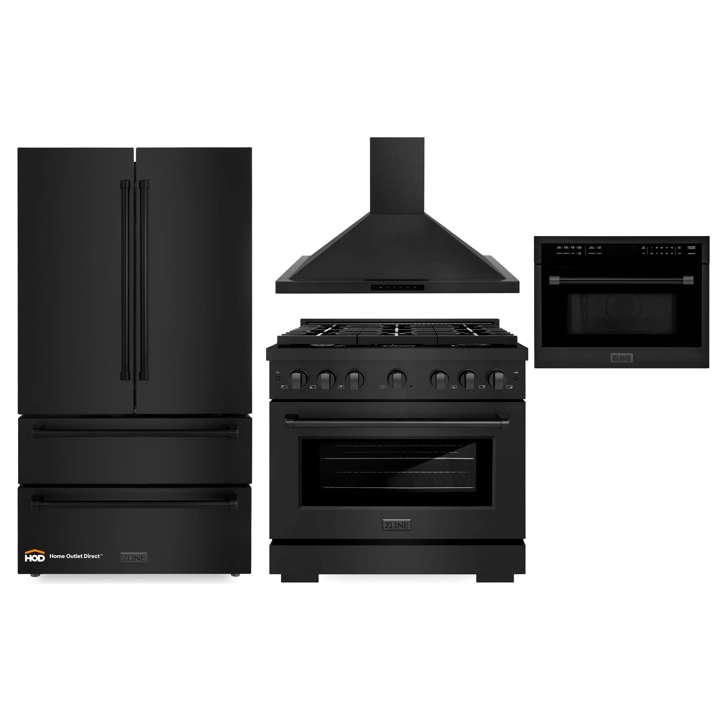 ZLINE 4-Piece Appliance Package - 36-Inch Gas Range, Refrigerator, Convertible Wall Mount Hood, and Microwave Oven in Black Stainless Steel (4KPR-SGRBRH36-MWO)