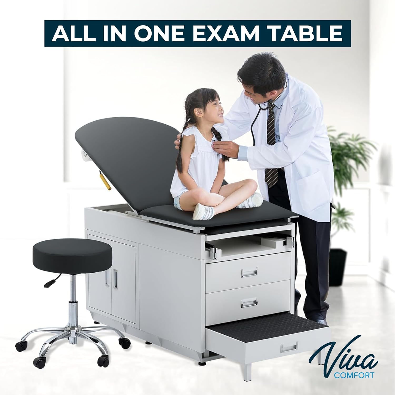 Viva Comfort Grande Medical Exam Table, Adjustable Exam Bed with Step Stool, Storage Cabinets, Foot Rest and Stirrups,47.64” L x 26.77” W x 29.13” H, Black