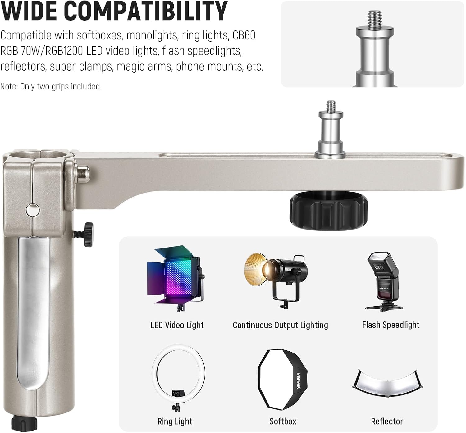 NEEWER 6.5ft/198cm Stainless Steel Light Stand, Heavy Duty Tripod Stand with Caster Wheels, 2 Sliding Arms with Pistol Grip, Folding Leg for Photography Softbox Monolight, Max. Load 35lb/16kg, ST198SS