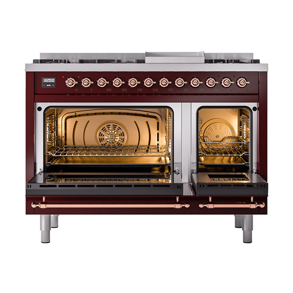 ILVE 48-Inch Nostalgie II Dual Fuel Range with 8 Burners, Griddle, and Solid Door Oven in Burgundy with Copper Trim (UP48FQNMPBUP)