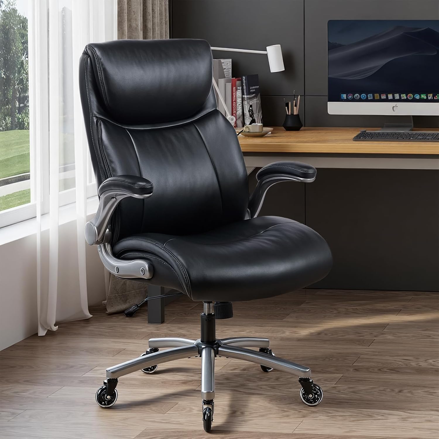 Ergonomic High-Back Executive Office Chairs, Heavy Duty Home Computer Chair with Lumbar Support, Flip-Up Arms, and PU Leather Upholstery, Black