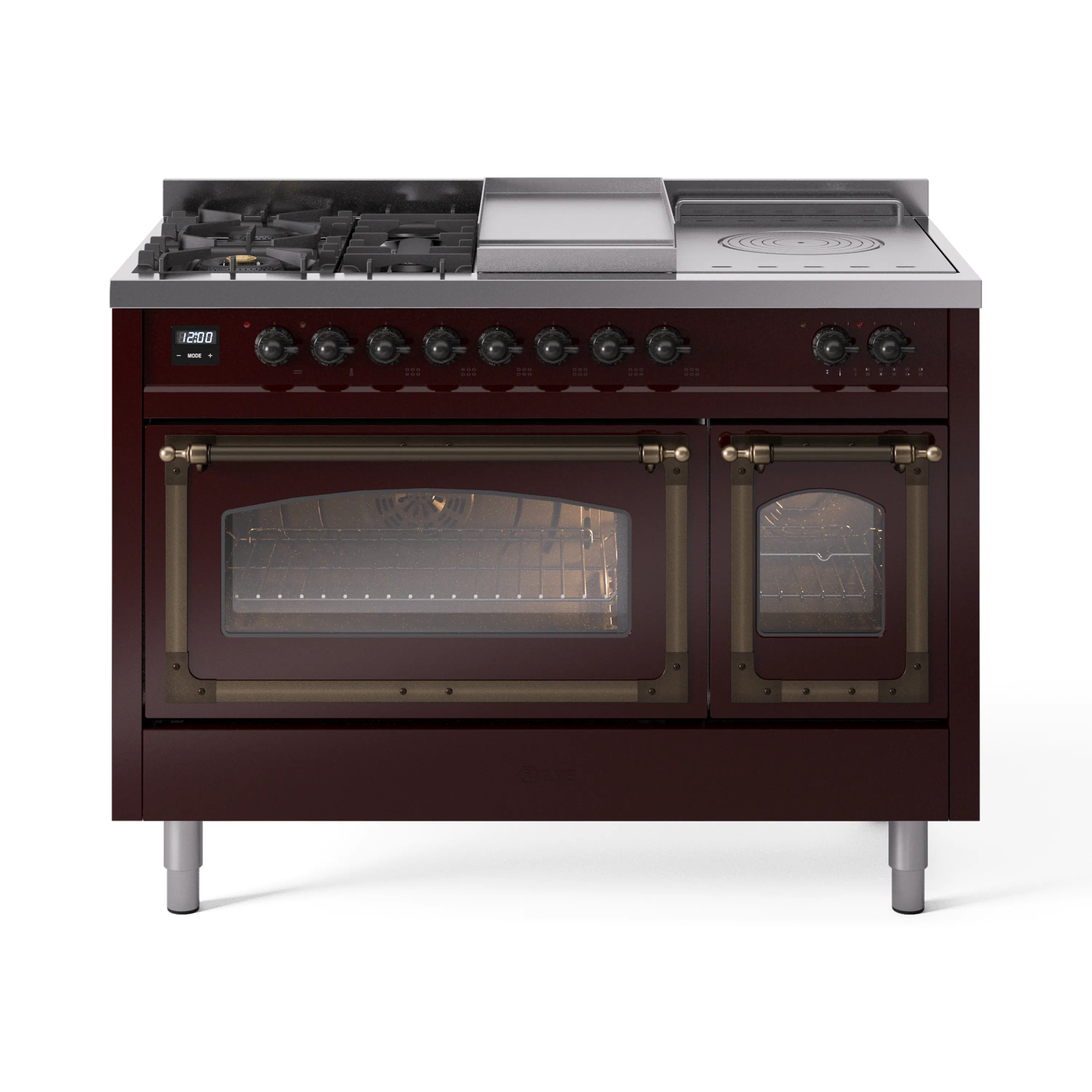 ILVE Nostalgie II Noblesse 48-Inch Dual Fuel Range with 5 Burners, Griddle, & French Top with Triple Glass Door Oven in Burgundy with Bronze Trim (UN48FSNMPBUB)