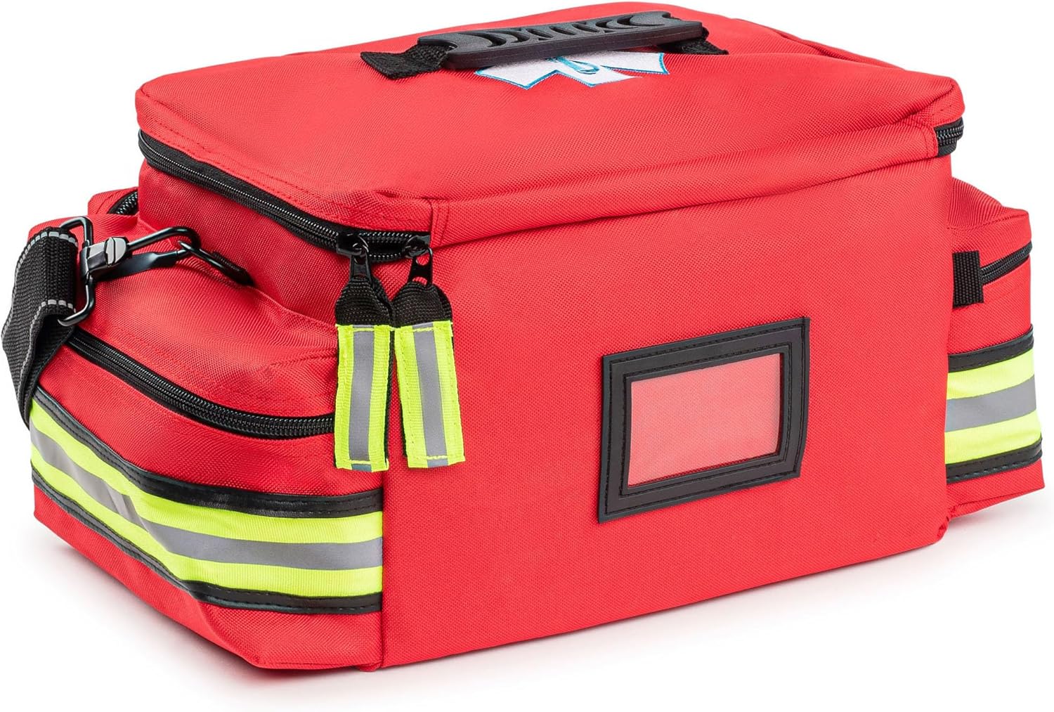 Scherber First Responder Fully-Stocked Professional Essentials EMT/EMS Trauma Kit | HSA/FSA Approved | Reflective Bag w/8 Zippered Pockets & Compartments & 200+ First Aid Supplies - Red