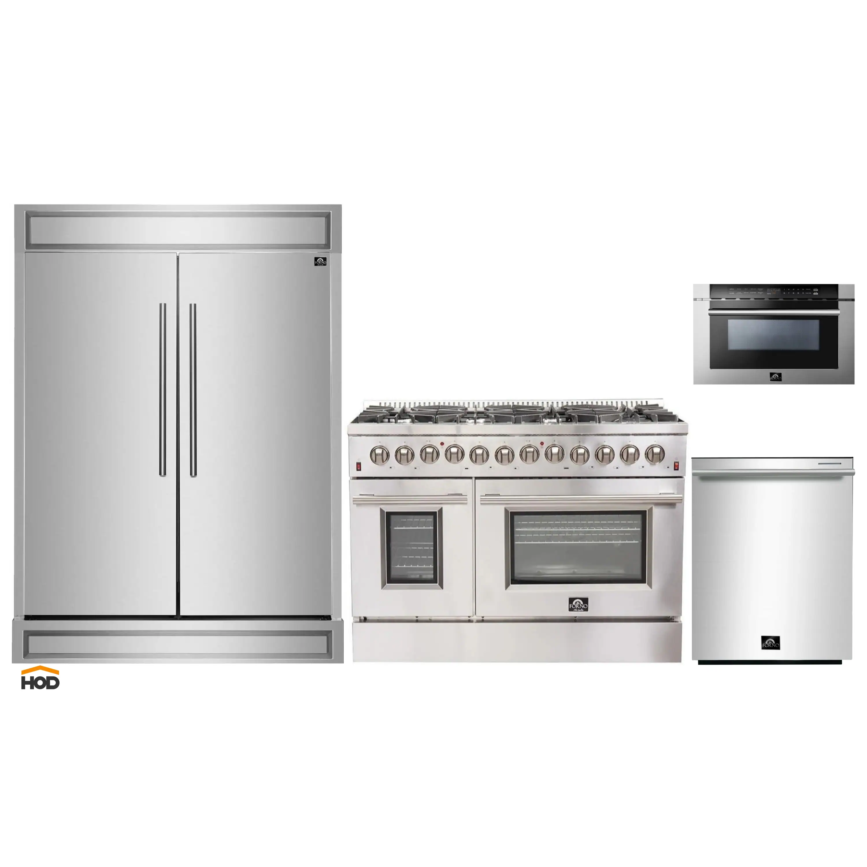 Forno 4-Piece Appliance Package - 48-Inch Dual Fuel Range, 60-Inch Refrigerator, Dishwasher, and 24-Inch Microwave Drawer in Stainless Steel