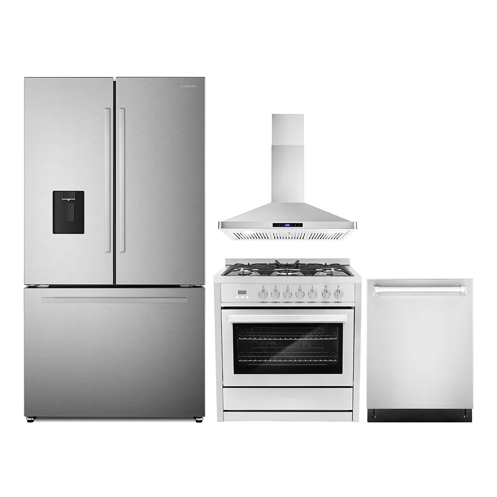 Cosmo 4-Piece Appliance Package - 36-Inch Dual Fuel Range, Wall Mount Range Hood, Dishwasher and Refrigerator with Water Dispenser in Stainless Steel (COS-4PKG-673)