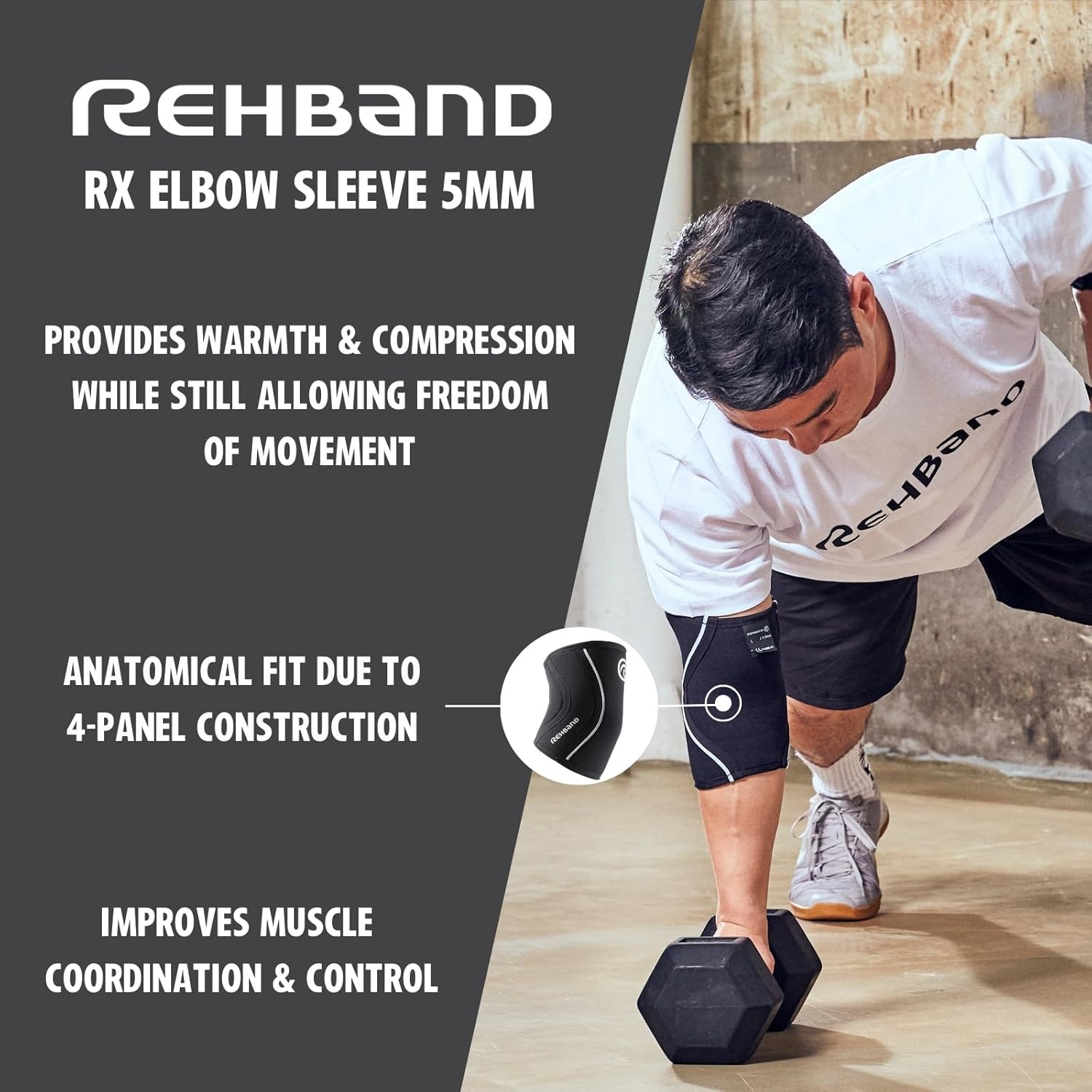 Rehband Elbow 5mm Compression Sleeve, Neoprene Elbow Sleeves for Weightlifting, Anatomical Design, Non-Slip & Close Fitting, Elbow Support Unisex, Colour:Carbon/Black - 1 Pair, Size:XX-Large