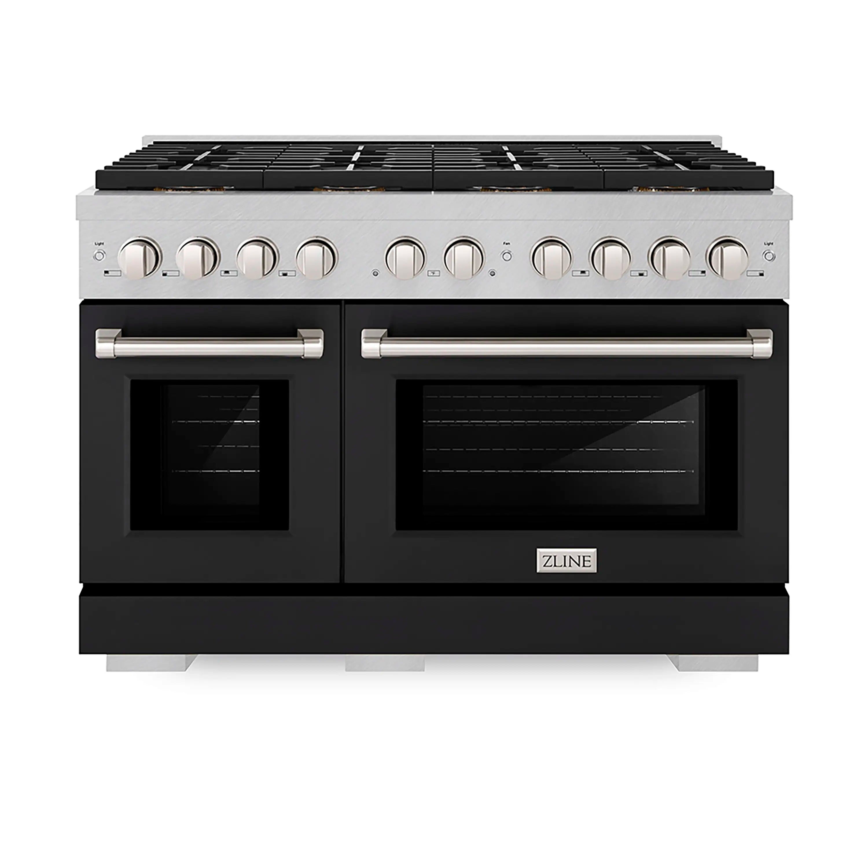 ZLINE 48-Inch 6.7 cu. ft. Paramount Gas Range with 8 Burner DuoPro鈩?Cooktop and Dual Ovens in Satin Stainless Steel with Black Matte Doors (PSGRS-BLM-48)