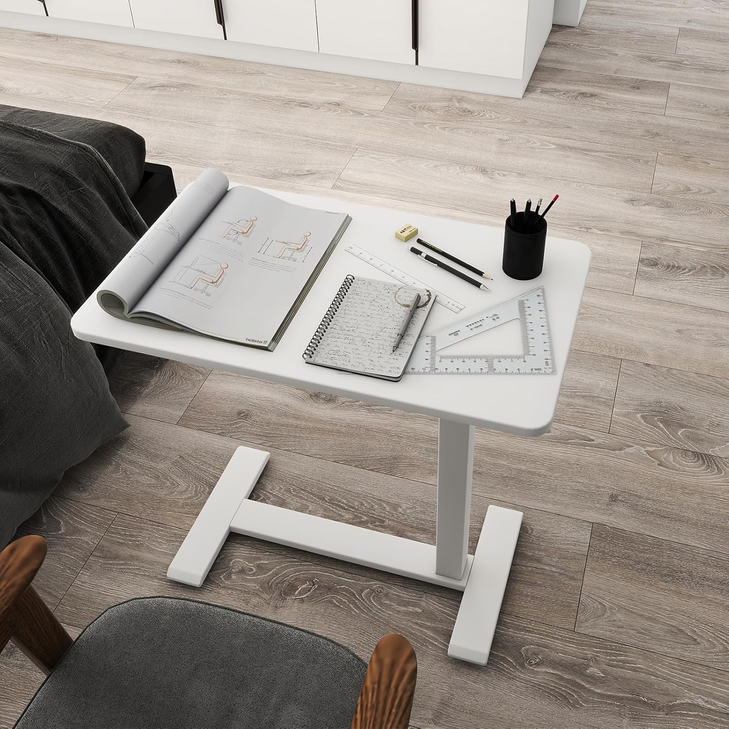 PUNCIA Medical Overbed Table with Pneumatic Lift and Hidden Casters Mobile Laptop Desk and Rolling Computer Cart – Height Adjustable Bedside Table for Hospital Recovery Home Office or Bedroom Use