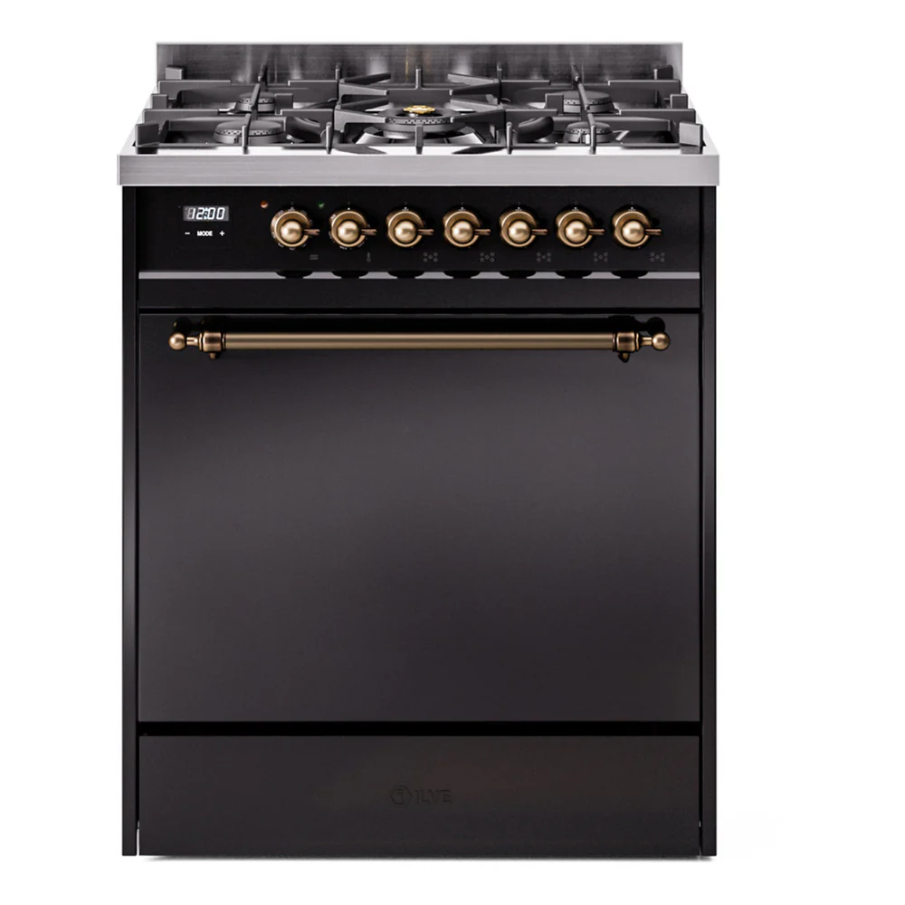 ILVE Nostalgie II 30-Inch Dual Fuel Range with Solid Door in Glossy Black with Bronze Trim (UP30QNMPBKB)