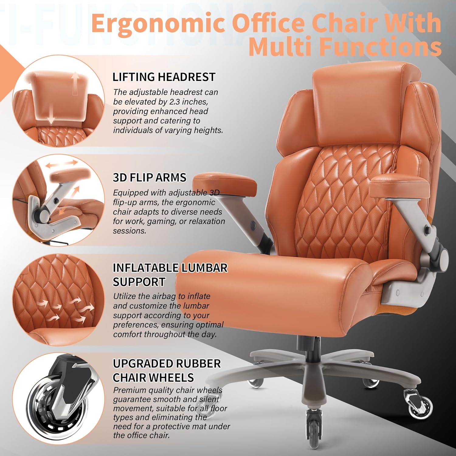 Big and Tall Office Chair 700lbs - Adjustable Headrest&Lumbar Support, 3D Flip Arms, Large Wheels &Heavy Duty Metal Base, Ergonomic High Back Computer Chair Desk Chair, Thick Padded Extra Wide Seat