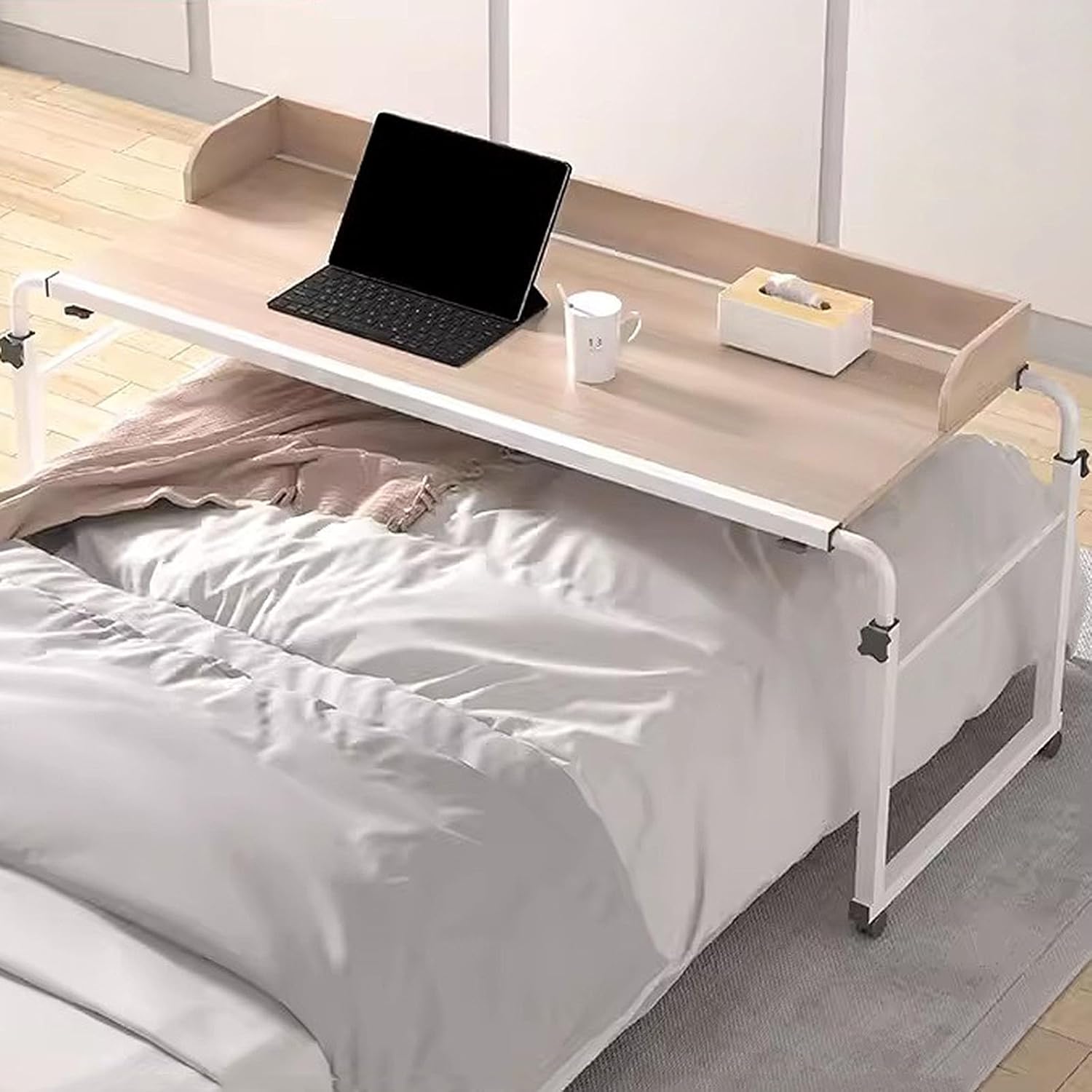 Adjustable Overbed Laptop Desk, Rolling Storage Trolley Mobile Bedside Table with 4 Wheels Standing Workstation - Ideal for Home and Hospital Use
