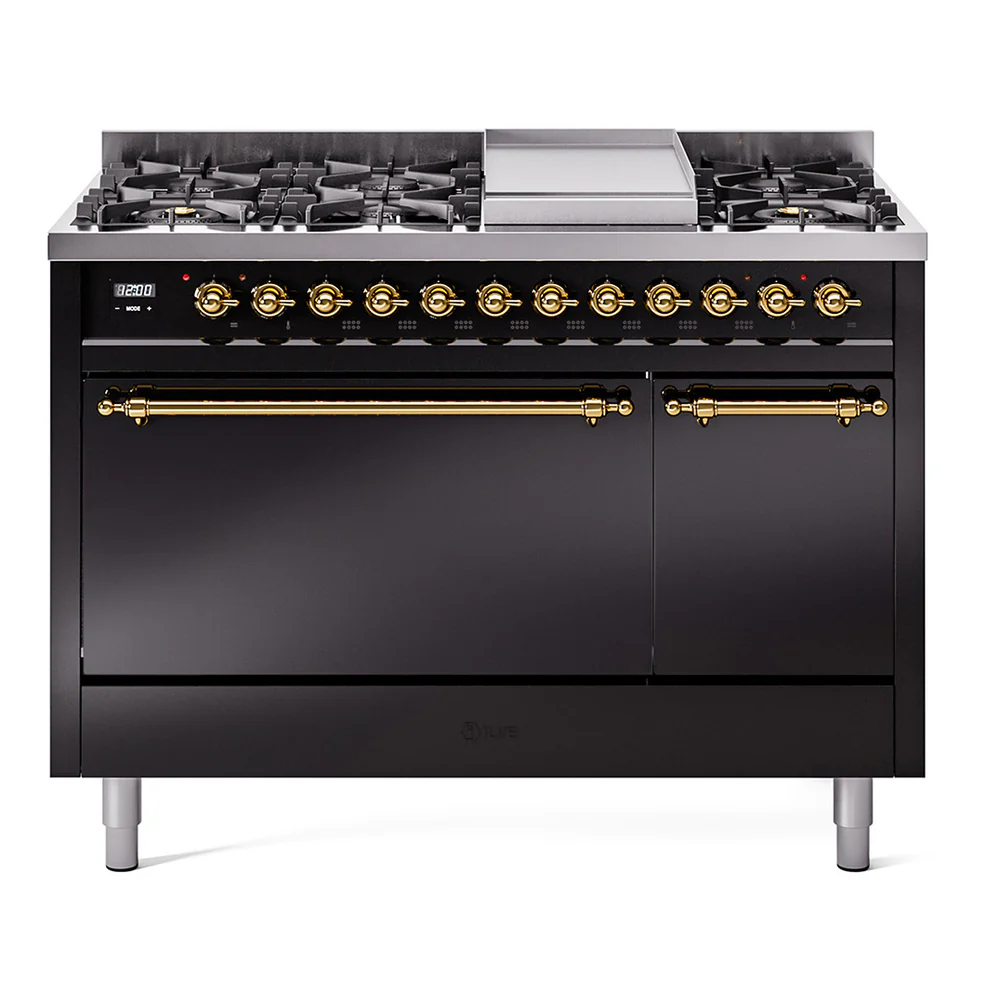 ILVE 48-Inch Nostalgie II Dual Fuel Range with 8 Burners, Griddle, and Solid Door Oven in Glossy Black with Brass Trim (UP48FQNMPBKG)