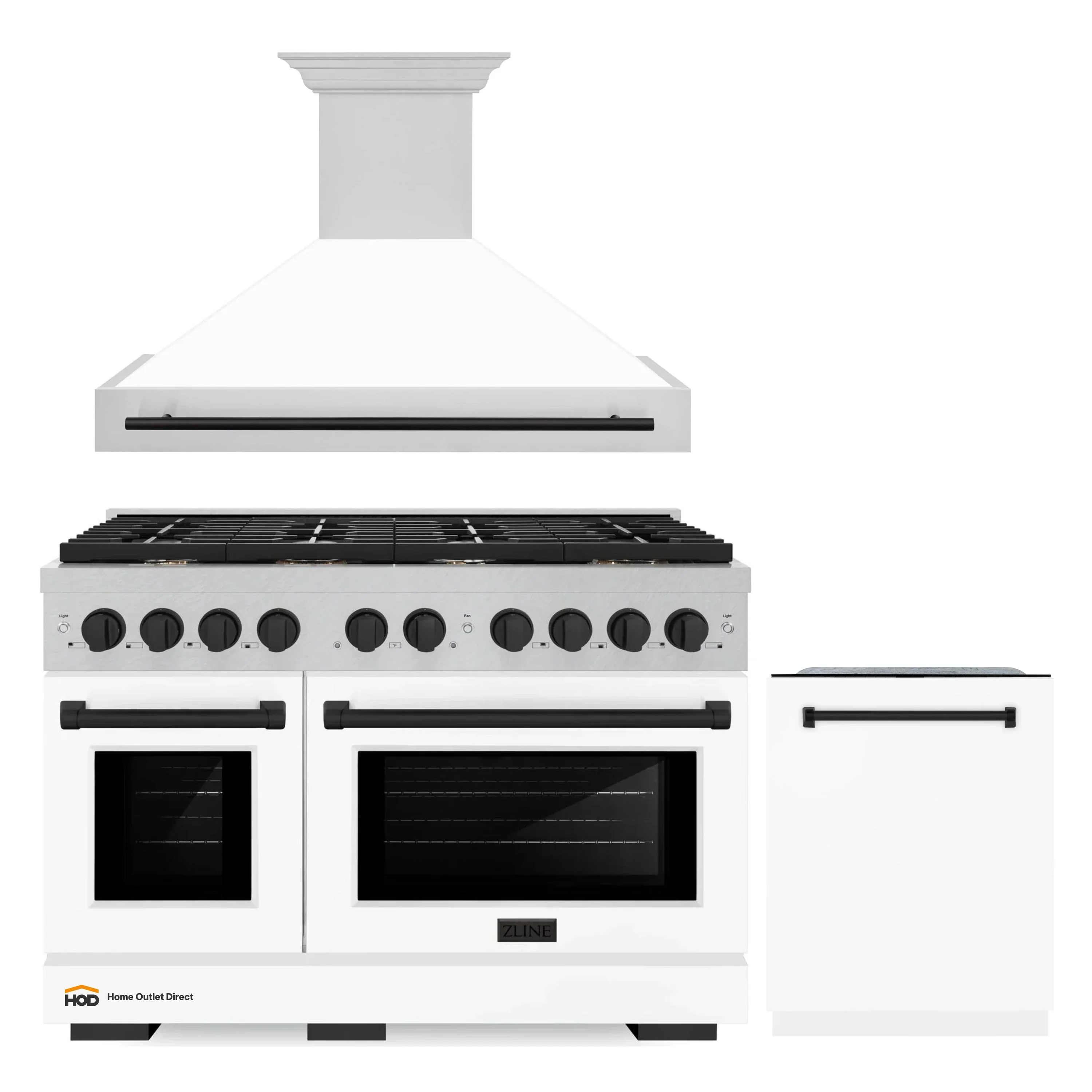 ZLINE 48-Inch Autograph Edition Kitchen Package with Satin Stainless Steel Gas Range, Wall Mount Range Hood and Dishwasher in White Matte and Matte Black Accents (3AKPR-RGSWMRHDWM48-MB)