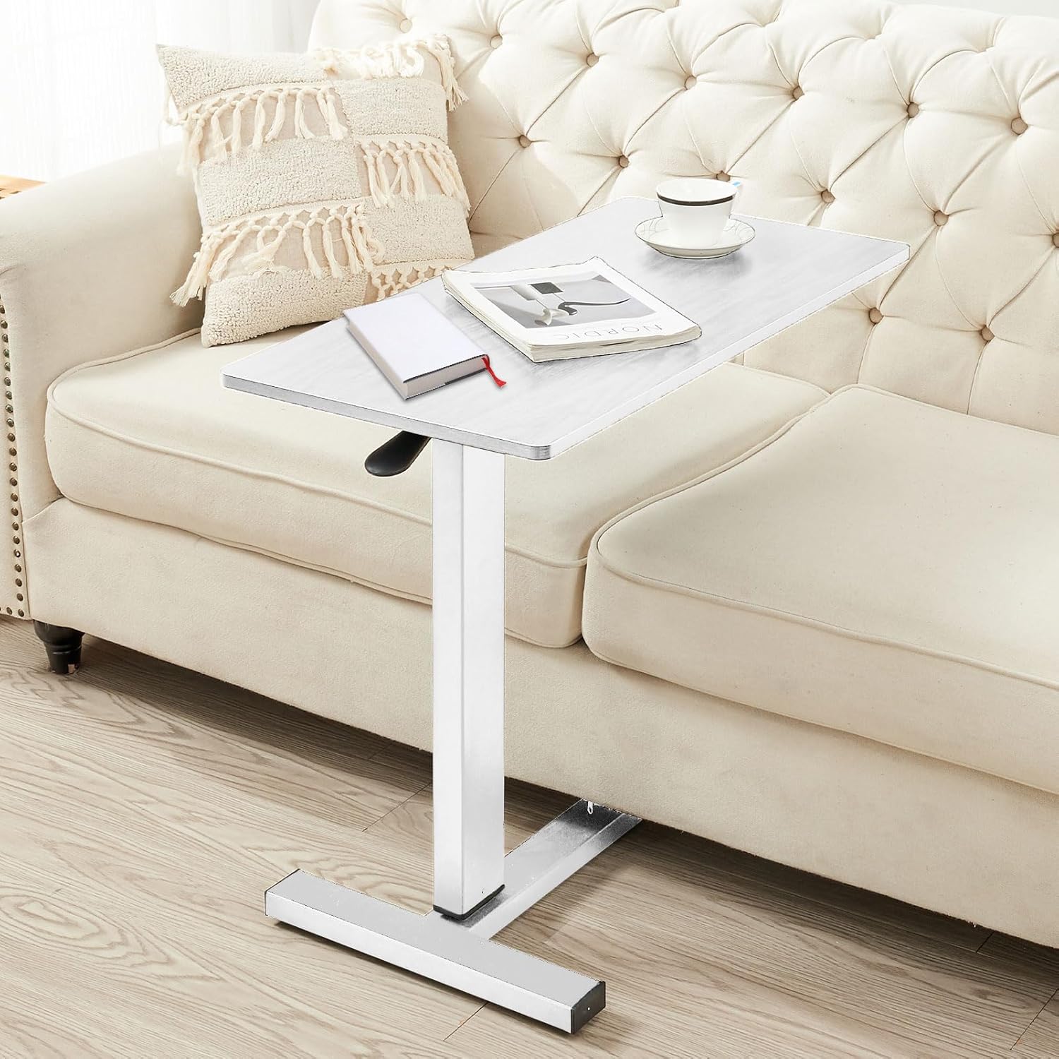 Overbed Table with Swivel Hidden Wheels Adjustable Height, Pneumatic Mobile Standing Desk Laptop Bedside Table Multi-Purpose for Home and Hospital Use (White)