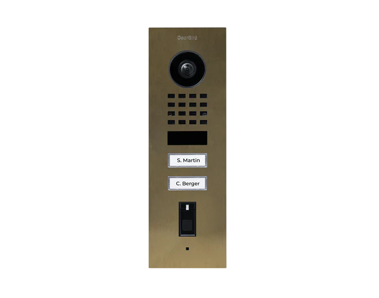 DoorBird D1102FV Fingerprint 50 Flush-Mount IP Video Door Station, 2 Call Button in Real Burnished Brass