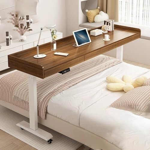 Mobile Electric Adjustable Height Bed Desk with Drawer, Rolling Overbed Table Wheels, Hospital & Home Use, Laptop for Bedroom(Brown White,180cm)