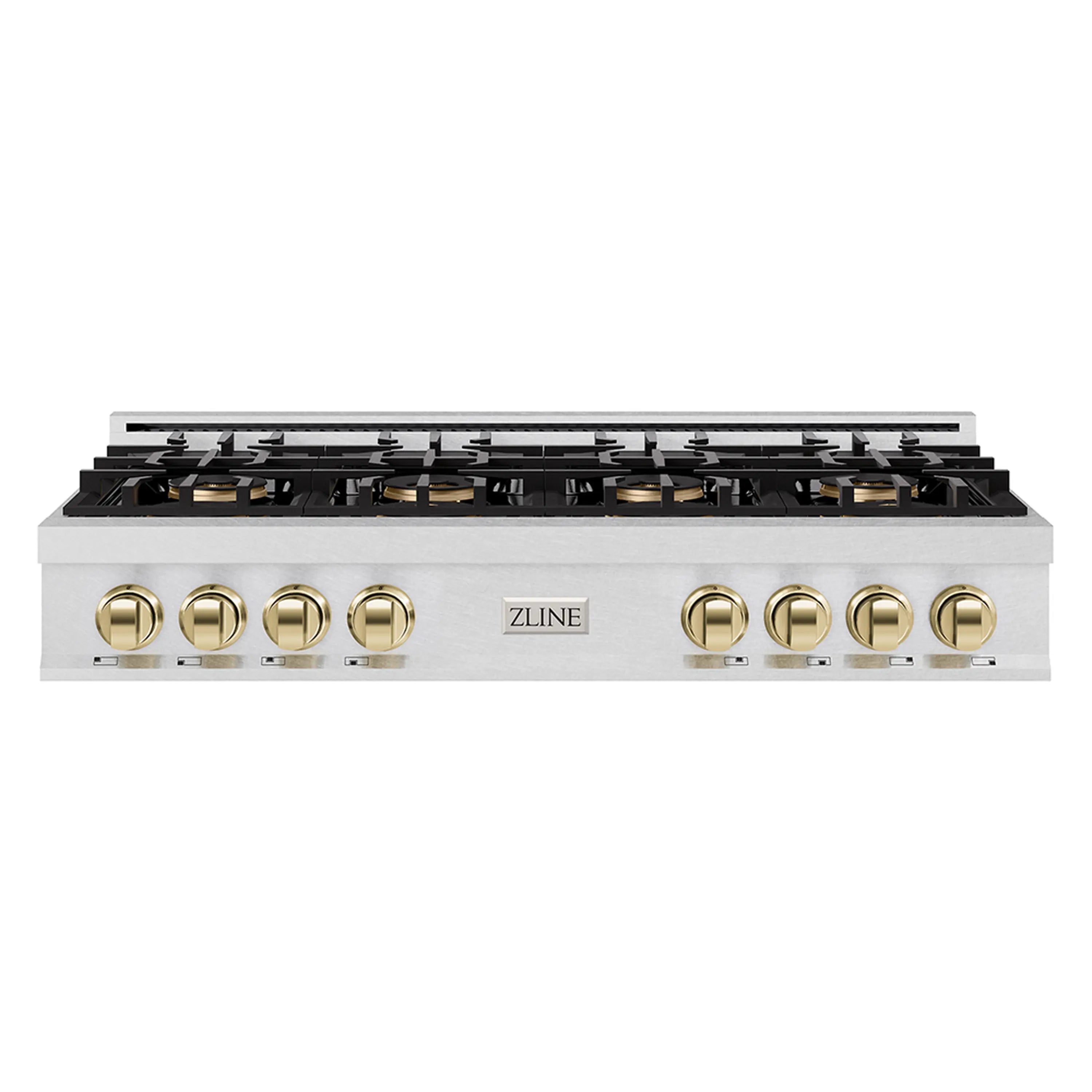 ZLINE Autograph Edition 48-Inch Classic Gas Rangetop with 8 Burner DuoPro鈩?Cooktop in Satin Stainless Steel and Polished Gold Accents (PCRTSZ-48-G)