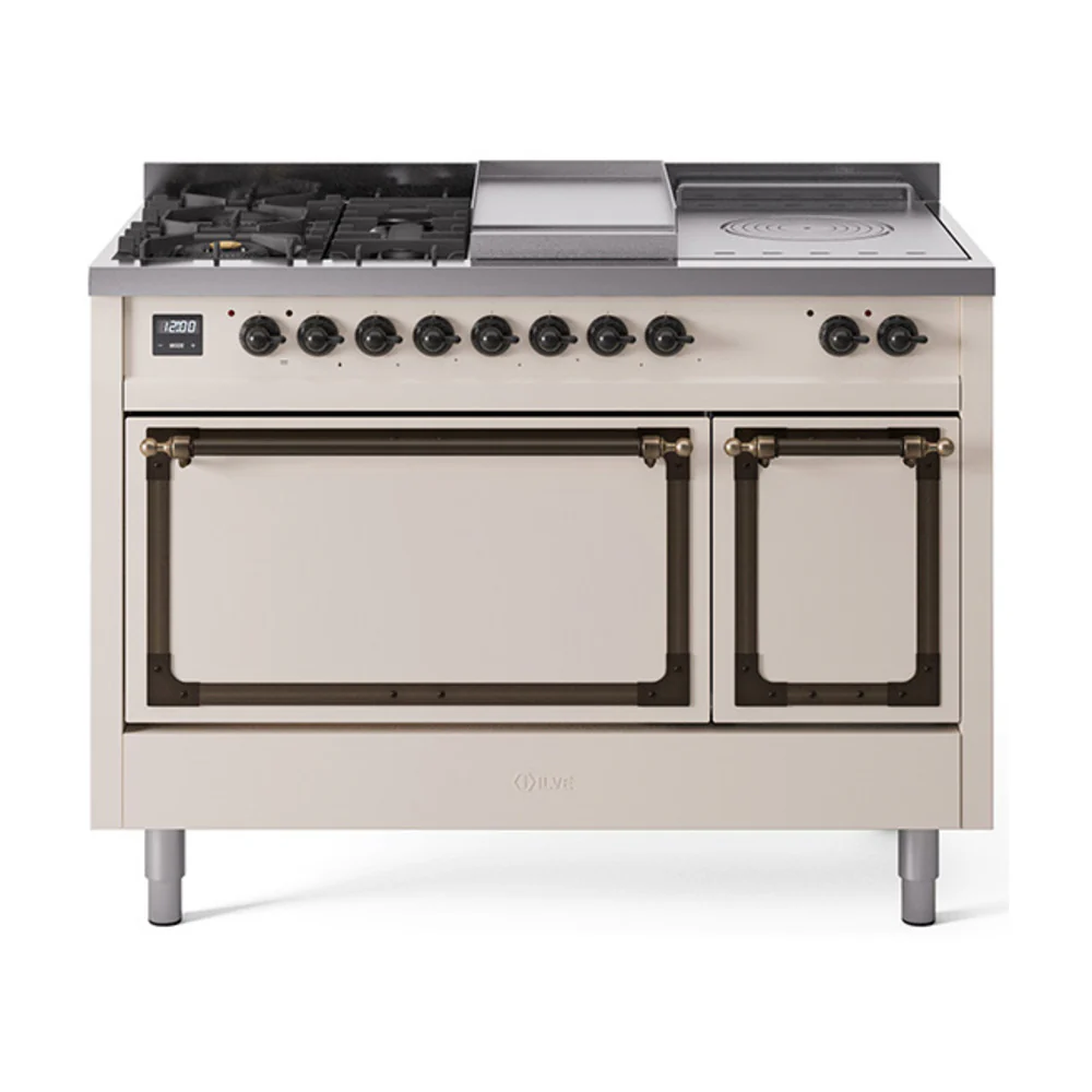 ILVE 48-Inch Nostalgie II Noblesse Dual Fuel Range with 5 Sealed Burners, Griddle, French Top and Solid Door Oven in Antique White with Bronze Trim (UN48FSQNMPAWB)