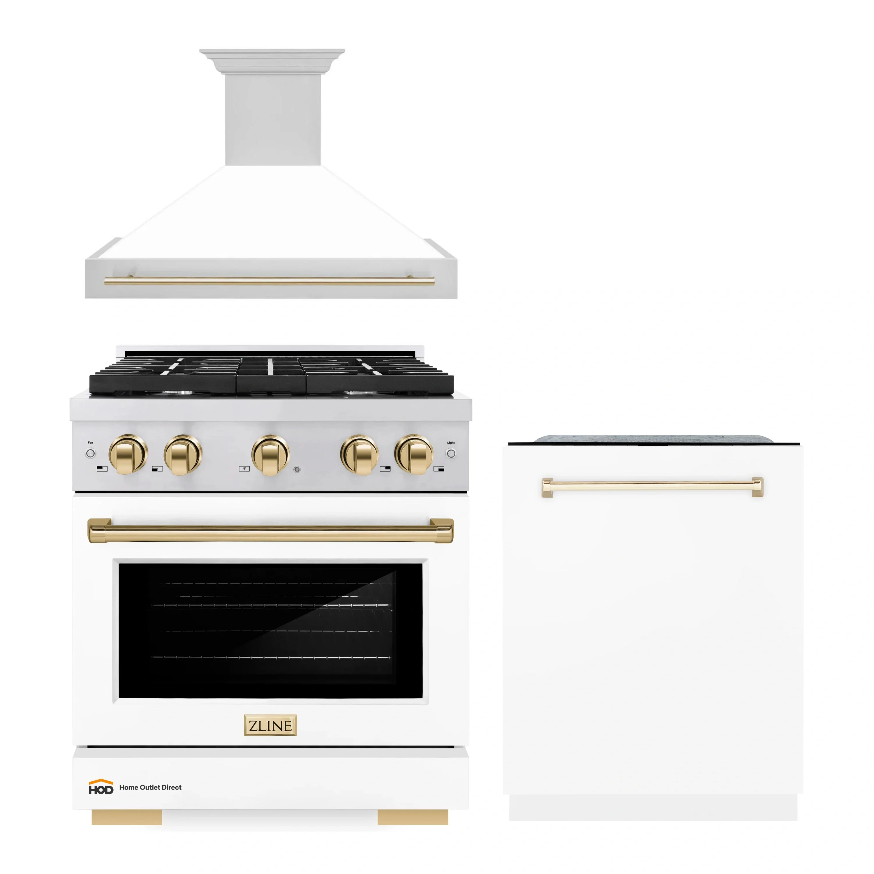 ZLINE Autograph Edition 3-Piece Appliance Package - 30-Inch Gas Range, Wall Mounted Range Hood, & 24-Inch Tall Tub Dishwasher in Stainless Steel and White Door with Gold Trim (3AKP-SGRWMRHDWM30-G)