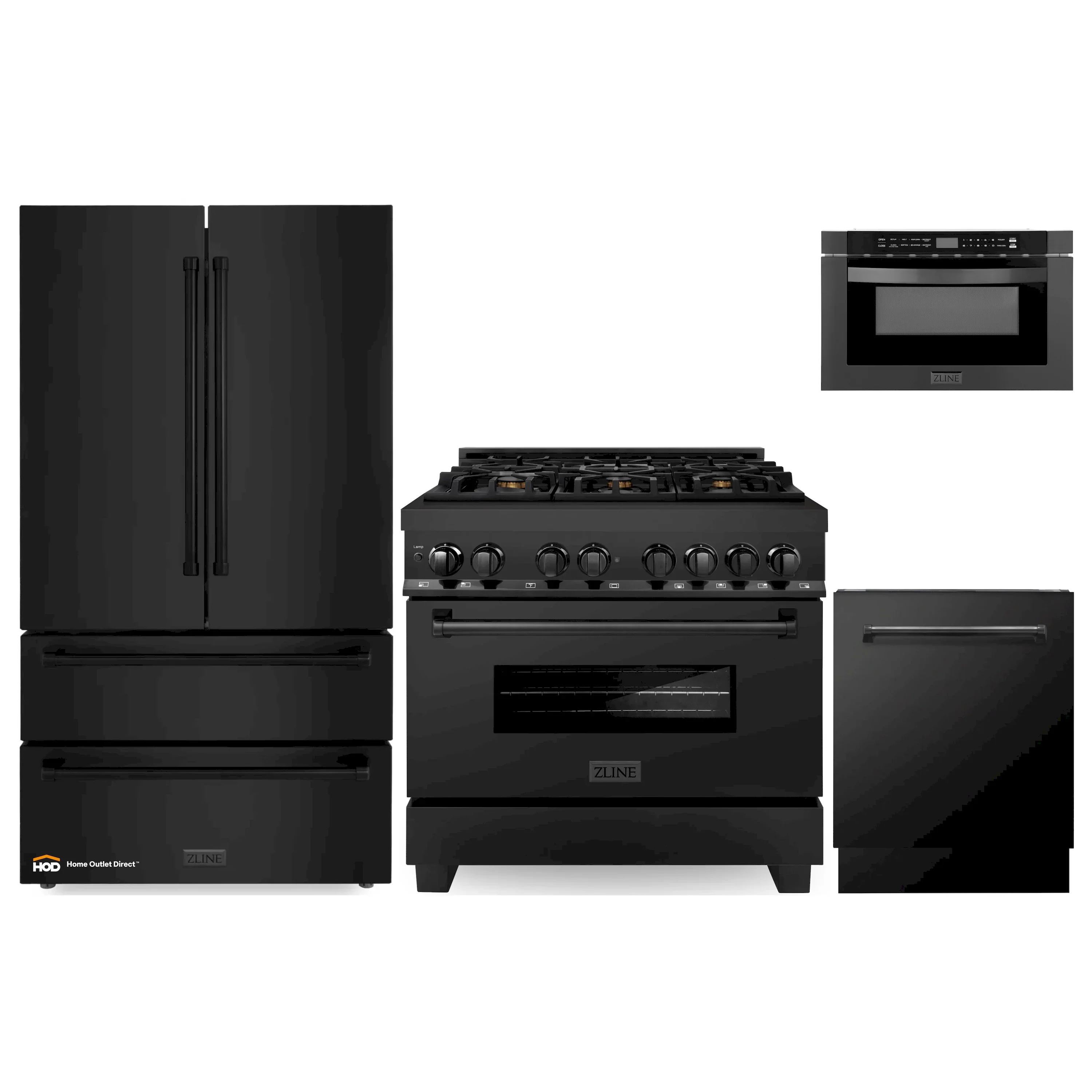ZLINE 4-Piece Appliance Package - 36-Inch Dual Fuel Range with Brass Burners, Refrigerator, Microwave Drawer, and 3-Rack Dishwasher in Black Stainless Steel