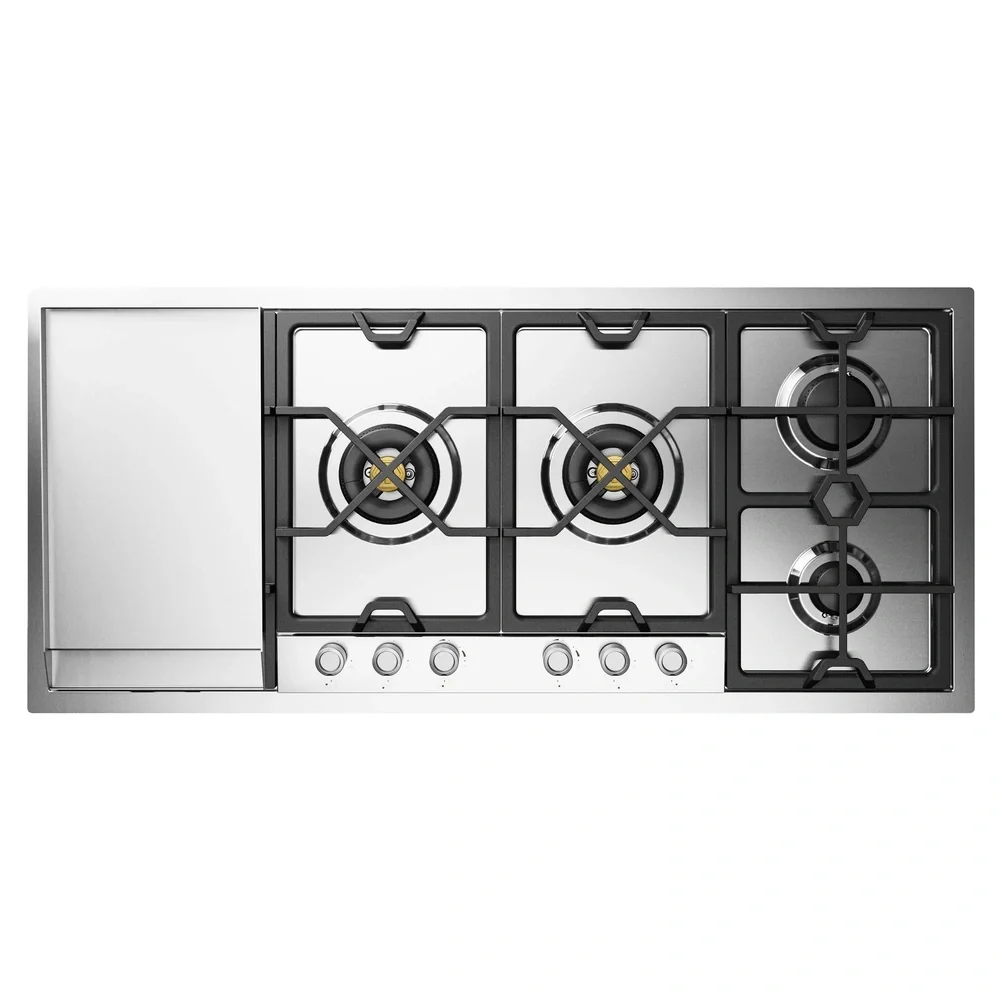 ILVE Panoramagic 48-Inch Built-In Gas Cooktop with Total Black Brass Burners in Stainless Steel with 6 Sealed Burners & Left Griddle (UHCPMT125FSS)