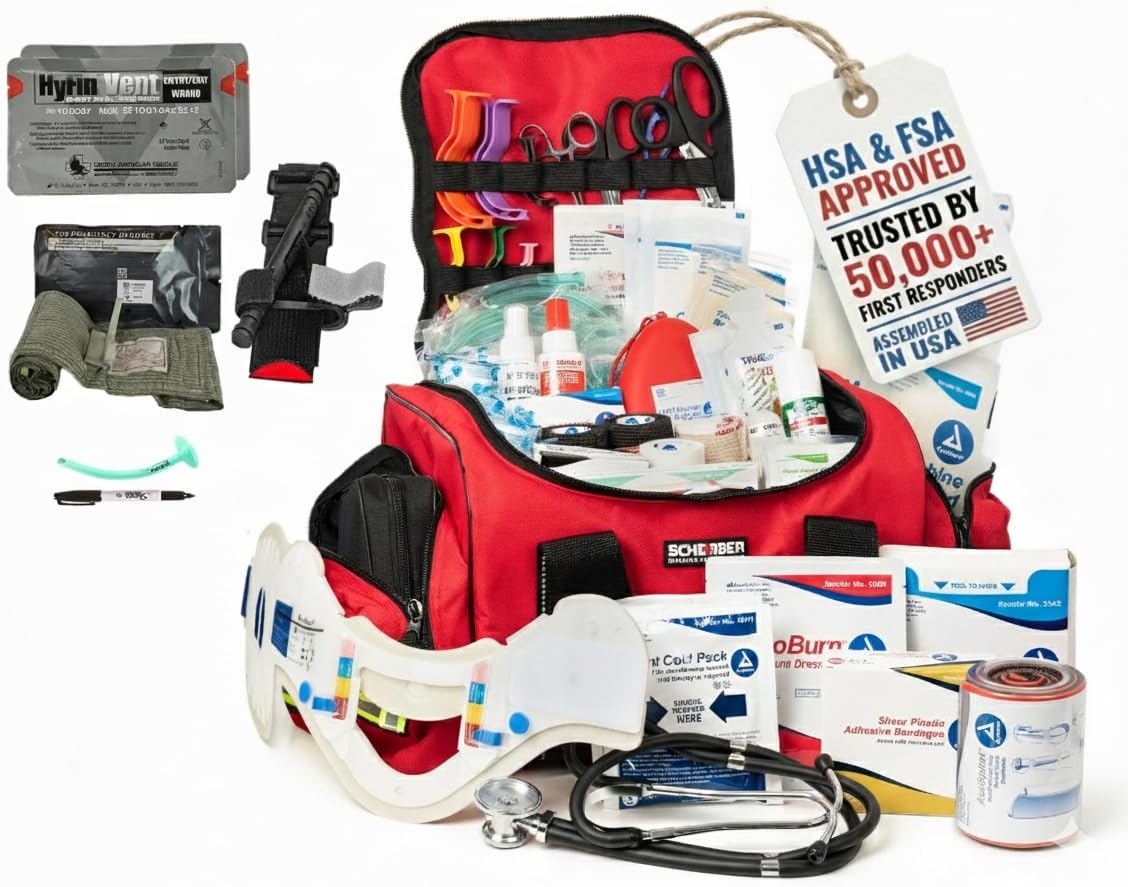 Scherber Fully-Stocked First Responder Bag | Professional EMT/EMS Trauma & Bleeding Medical Kit | HSA/FSA Approved | CAT Tourniquet, HyFin Chest Seal, Israeli Bandage & 250+ First Aid Supplies (Red)