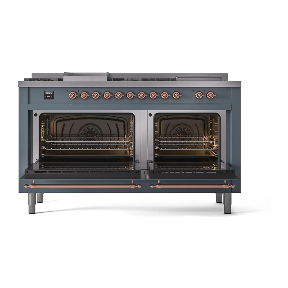 ILVE Nostalgie II 60-Inch Dual Fuel Range with 7 Burners, Griddle, & French Top with Solid Door Oven in Blue Grey with Copper Trim (UP60FSQNMPBGP)