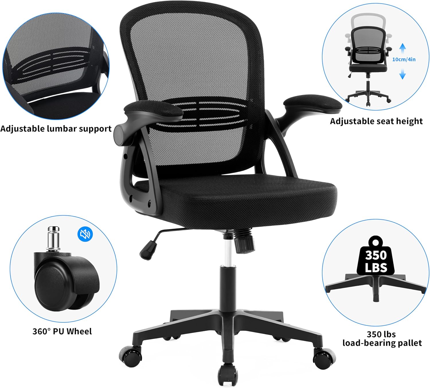 Fizzin Ergonomic Office Desk Chair, Mesh Computer Chair with Adjustable Comfy Flip-up Armrests and Adjustable Lumbar Support, Executive Chairs for Home, Bedroom, Study, Student(6PCS)