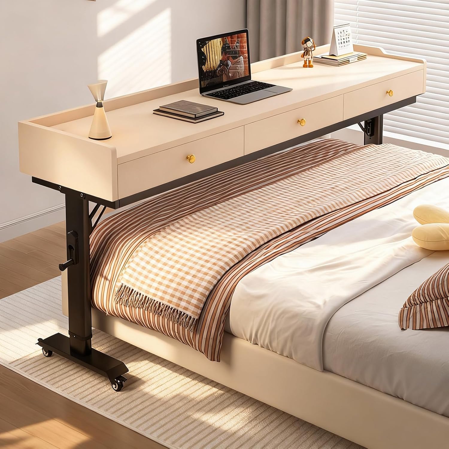 Over The Bed Desk with Wheels & Drawer, Height Adjustable Over The Bed Table, Crank Adjustment, Safety Baffle, Mobile Laptop Computer Cart for Hospital, Bedroom, Home Office Use
