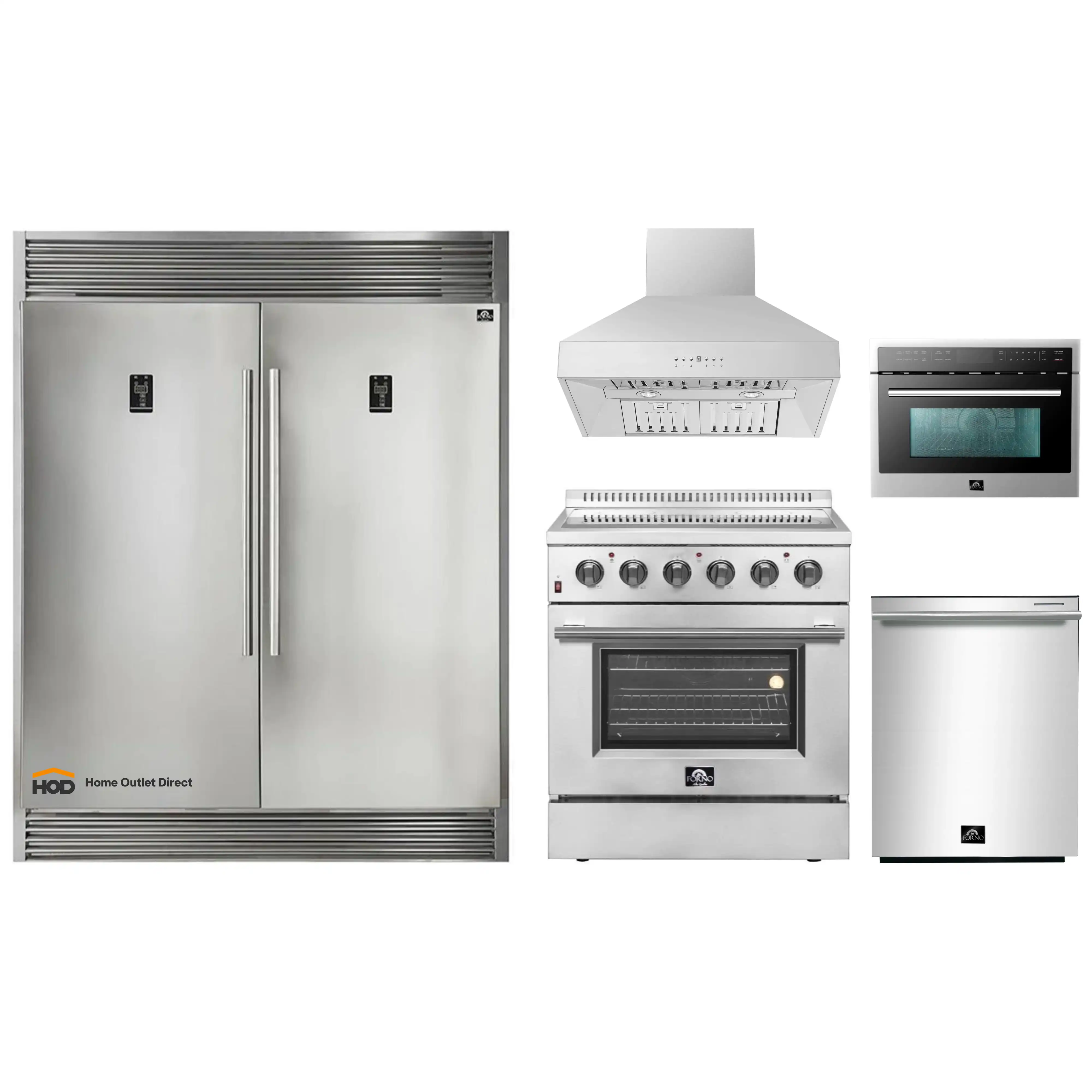 Forno 5-Piece Appliance Package - 30-Inch Electric Range, Wall Mount Range Hood, Pro-Style Refrigerator, Dishwasher, and 24-Inch Microwave Oven in Stainless Steel