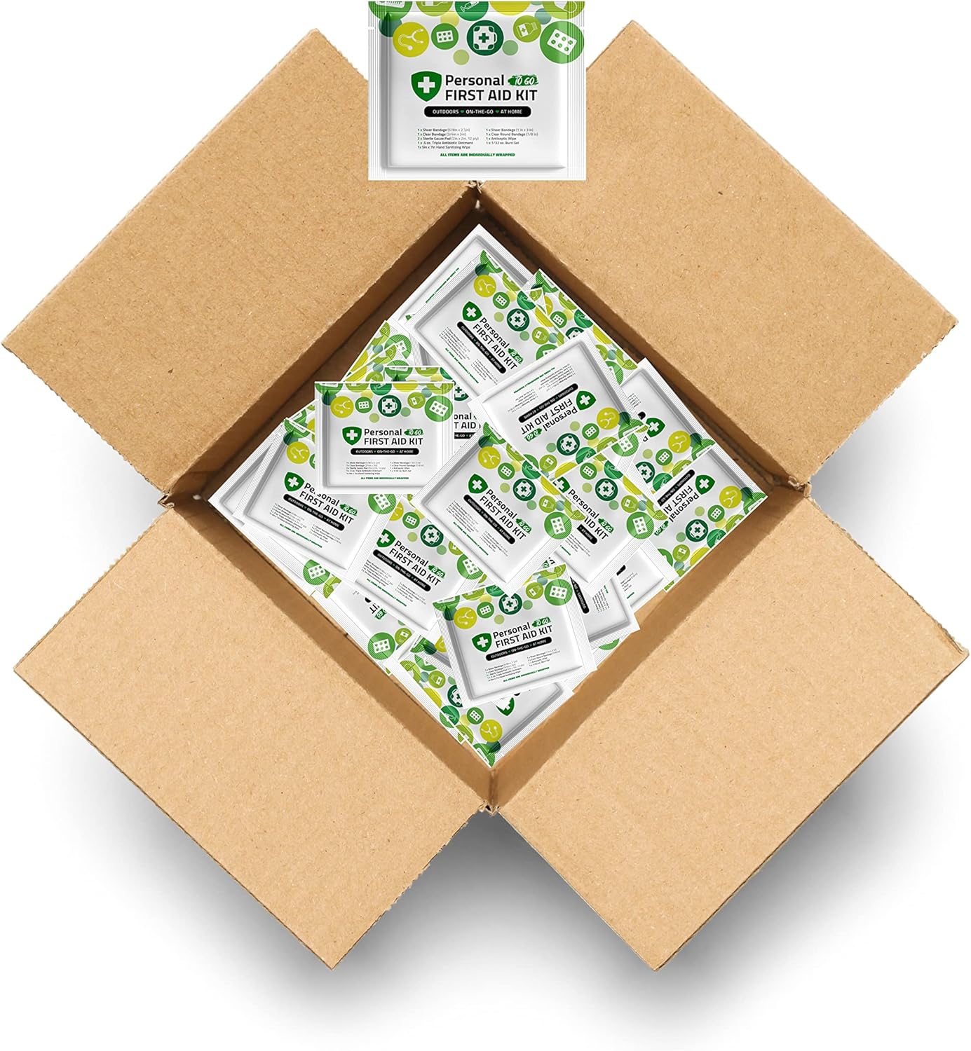 Personal First Aid Kit - Case of 100 | Clean, Treat, Protect Minor Cuts, Scrapes and Burns | Perfect for Home, Office, Car, School, Business, Camping | Individually Wrapped First Aid Products (Green)