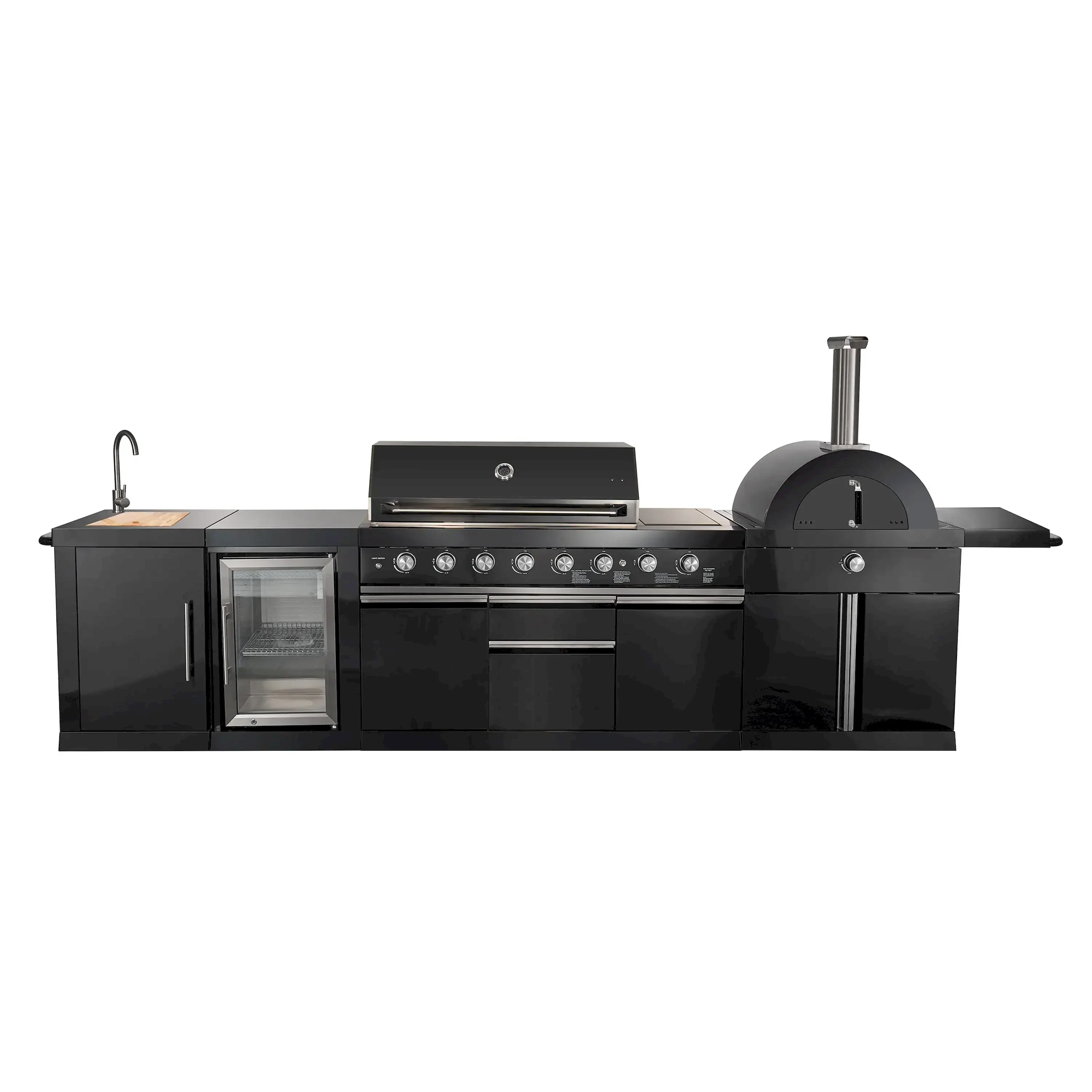 Forno All'Aperto Outdoor Kitchen Set with 87,600 BTU BBQ, Sink & Bar Module, Gas Pizza Oven, Black Sintered Stone Countertops in Black (FODKT2551BLK)