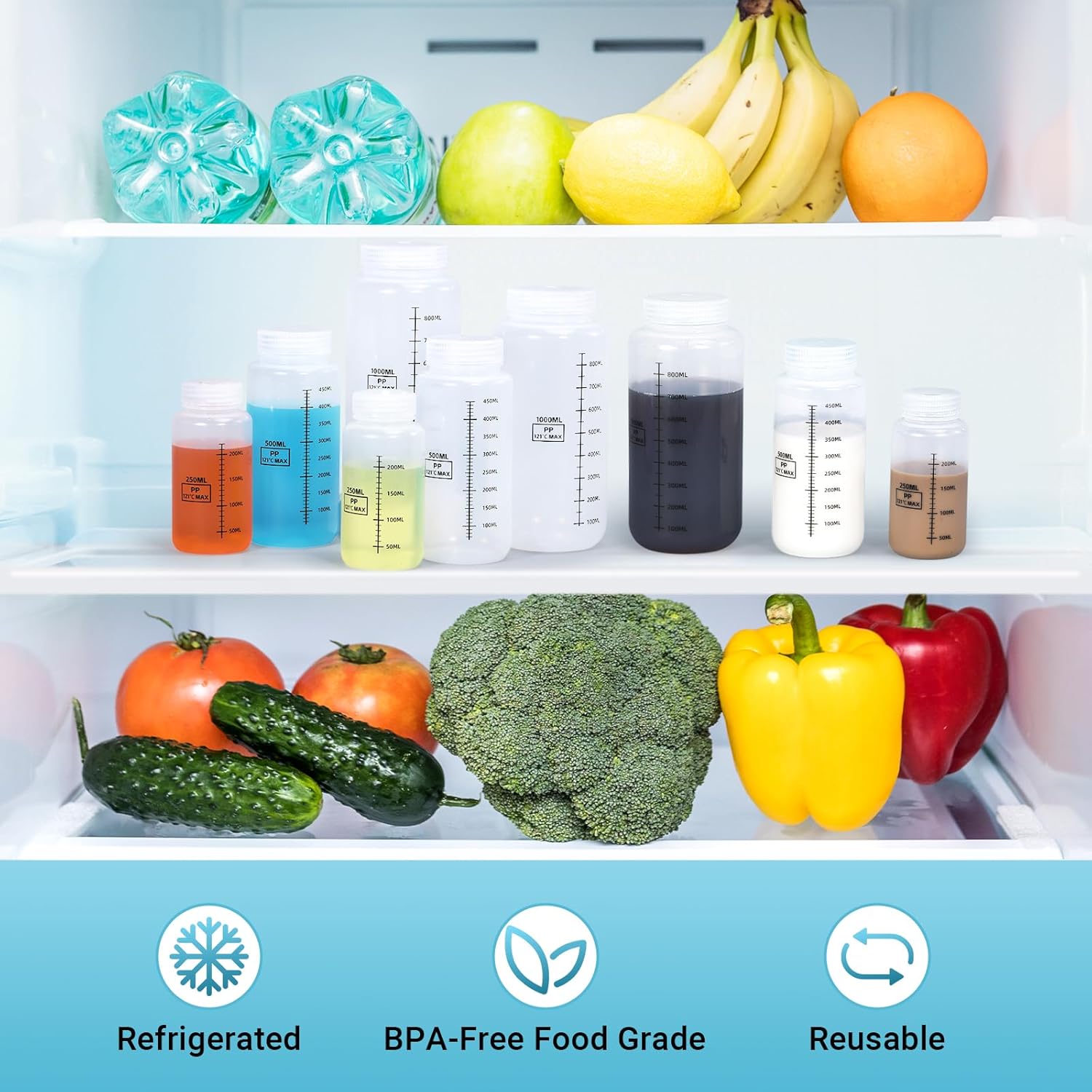 50Pack Reagent Bottle Plastic Sample Bottles with Screw Caps, 34oz Translucent PP Leak Proof Wide Mouth Liquids/Powder Container Medicine Jars for Liquids, Laboratory, Storage at Home